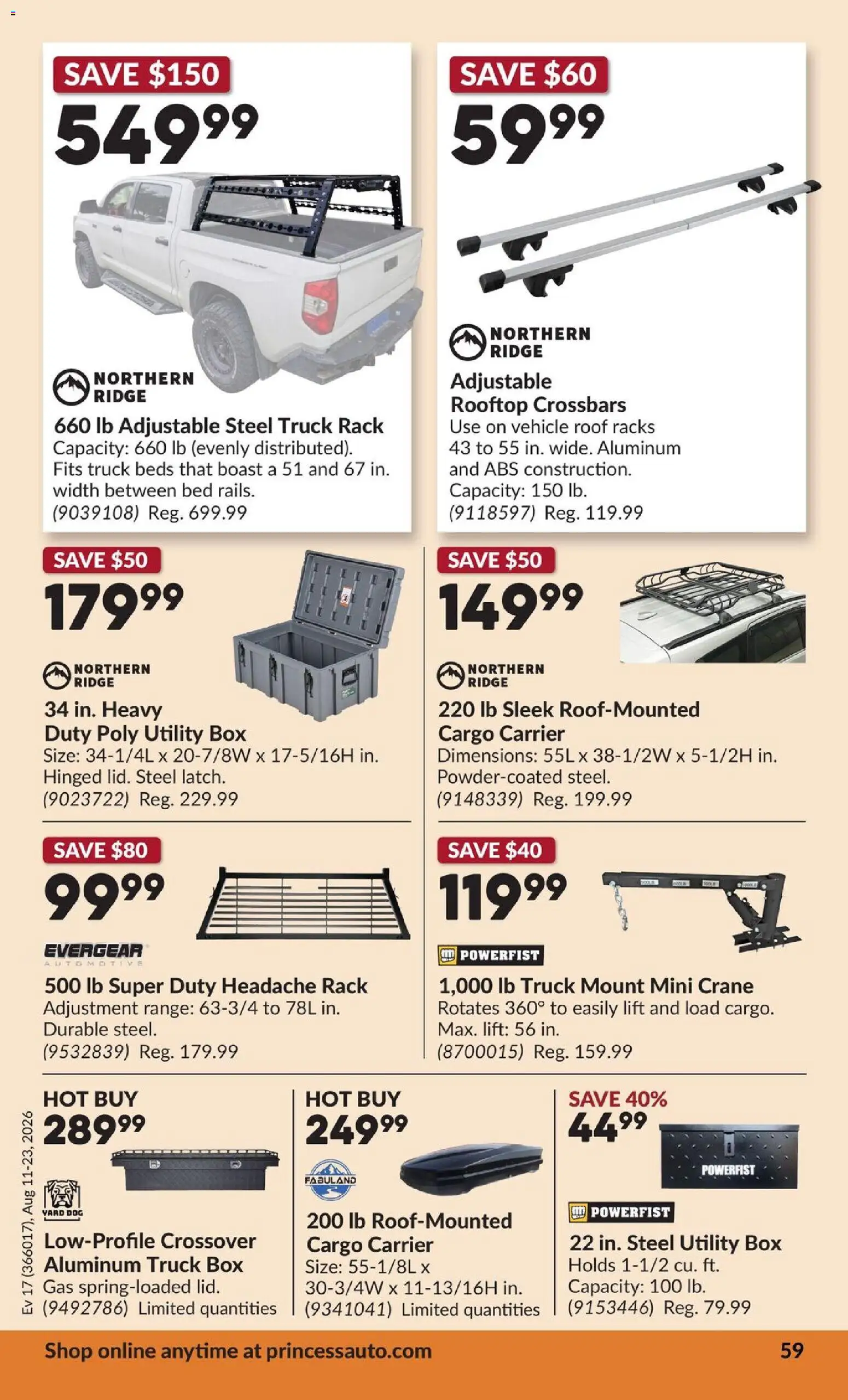 Princess Auto flyer valid from Aug 11, 2026 | Page: 66 | Products: Ridge, Bed, Box