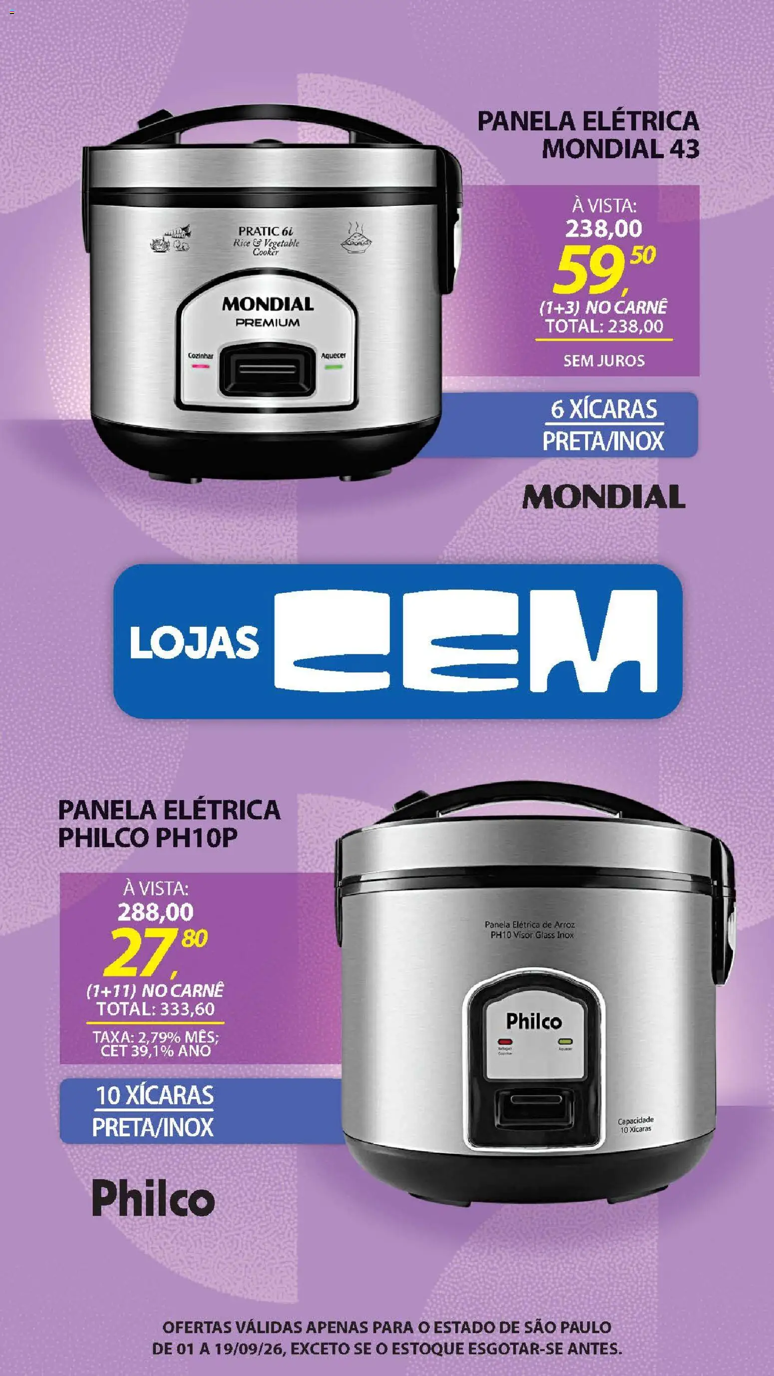 Lojas Cem Folheto - válido de 01/09/2026 | Página: 104 | Produtos: Panela, Xícaras, Arroz, Carne