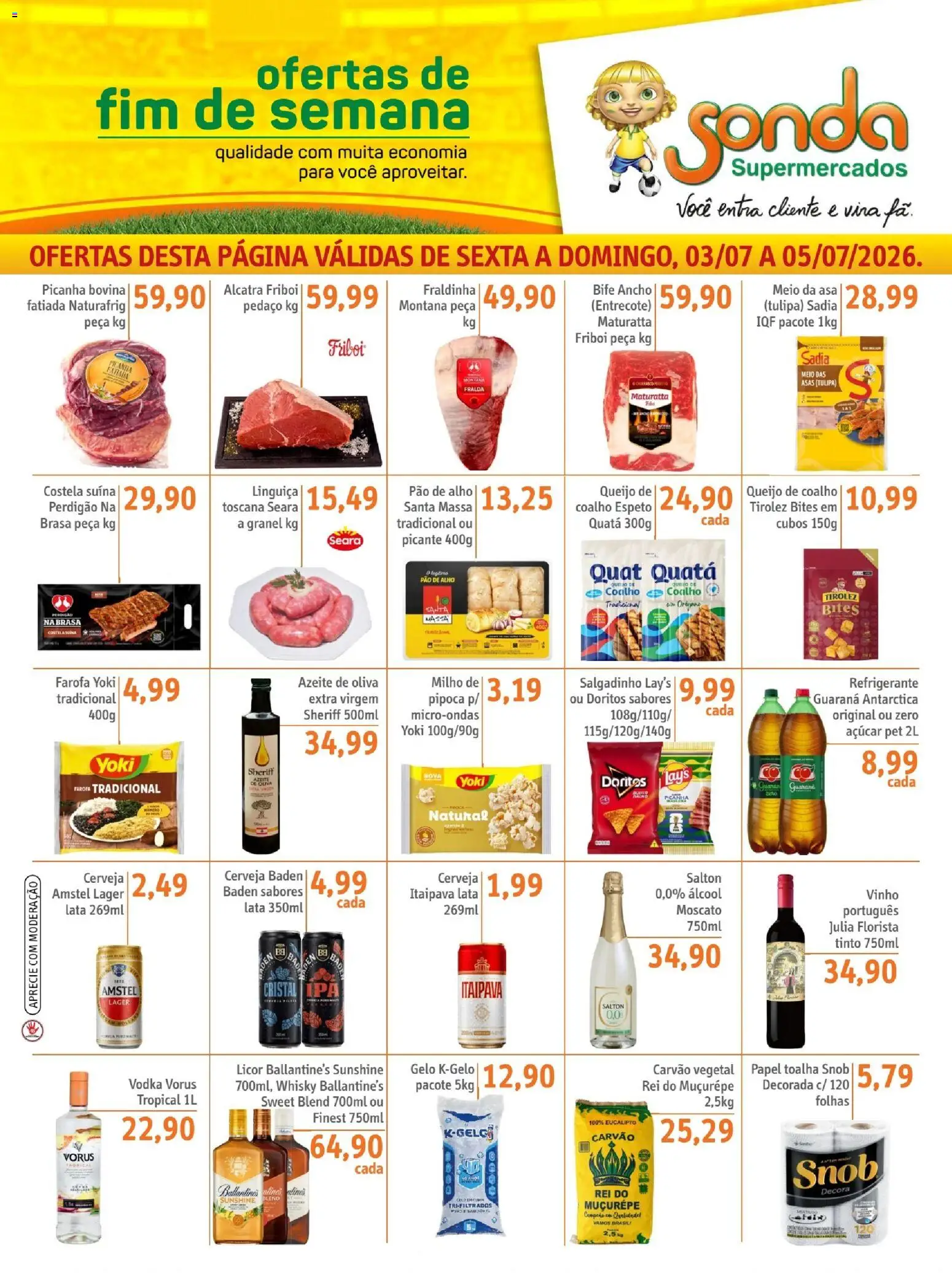 Sonda Folheto - válido de 03/07/2026 | Página: 1 | Produtos: Fraldinha, Queijo, Azeite, Pipoca