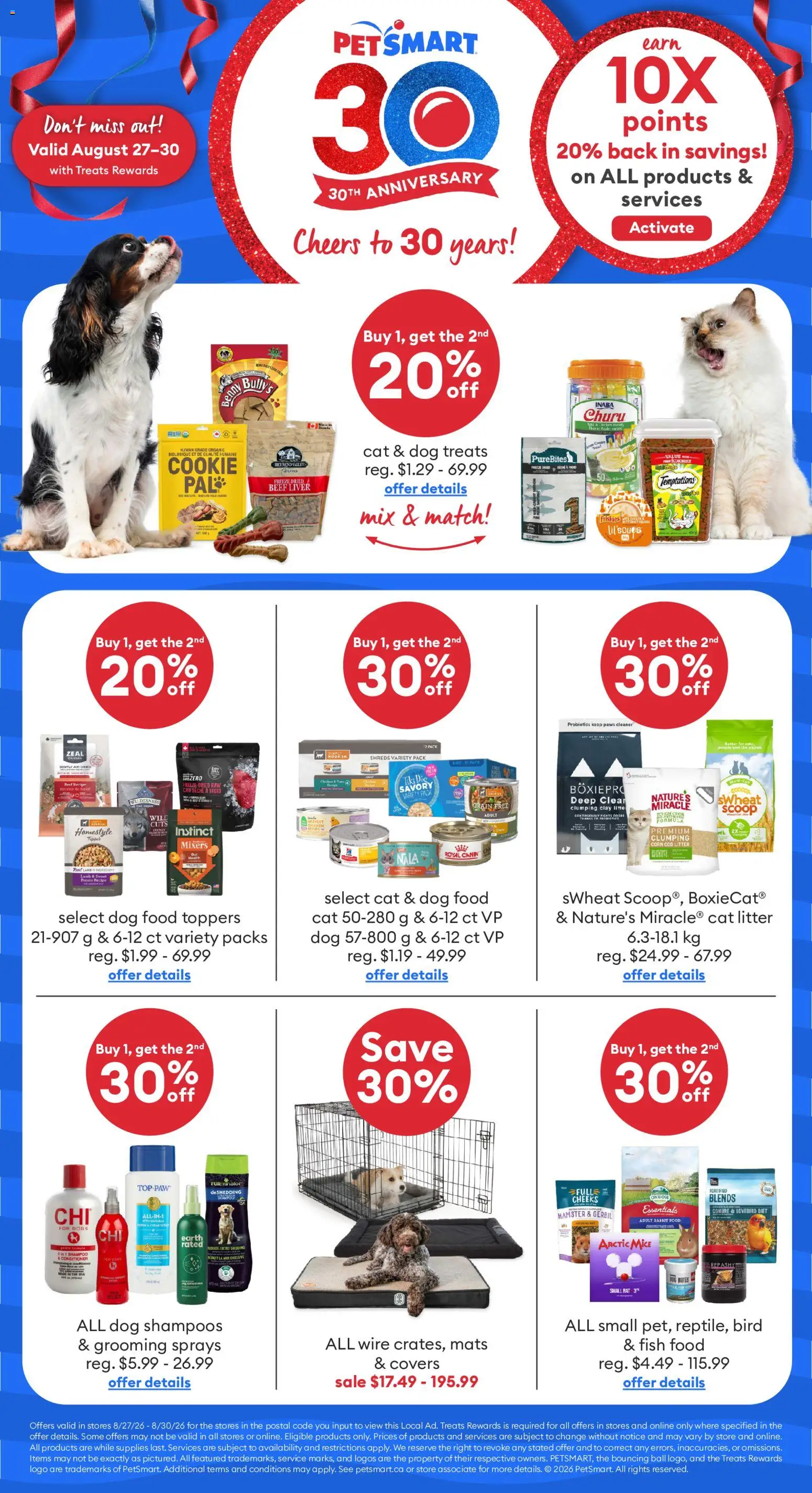 Petsmart flyer valid from Aug 27, 2026 | Page: 1 | Products: Fish, Cat litter, Probiotics, Conditioner