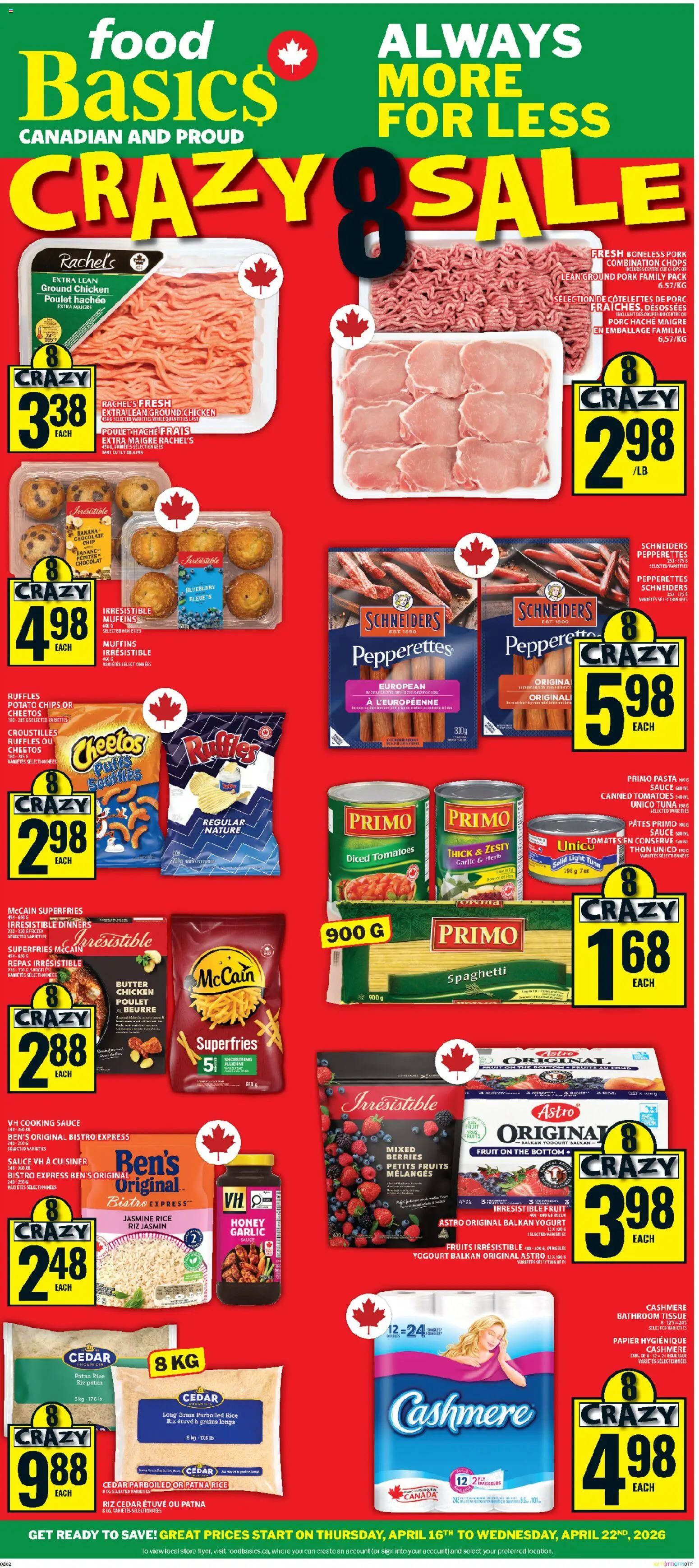 Food Basics flyer valid from 16.04.2026 | Page: 1 | Products: Pasta, Yogurt, Chicken, Tomatoes