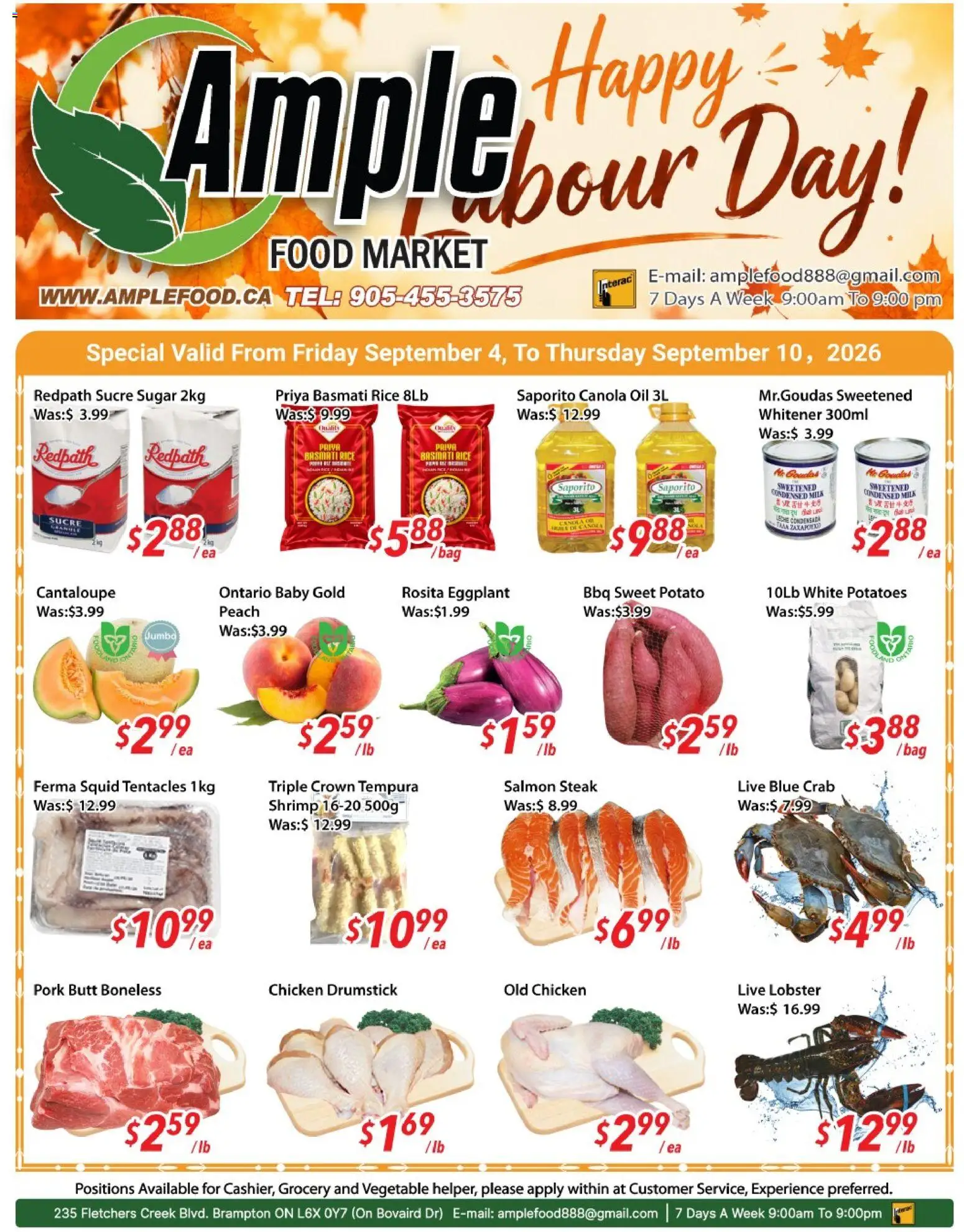 Ample Food Market flyer valid from Sep 4, 2026 | Page: 1 | Products: Steak, Basmati rice, Milk, Oil