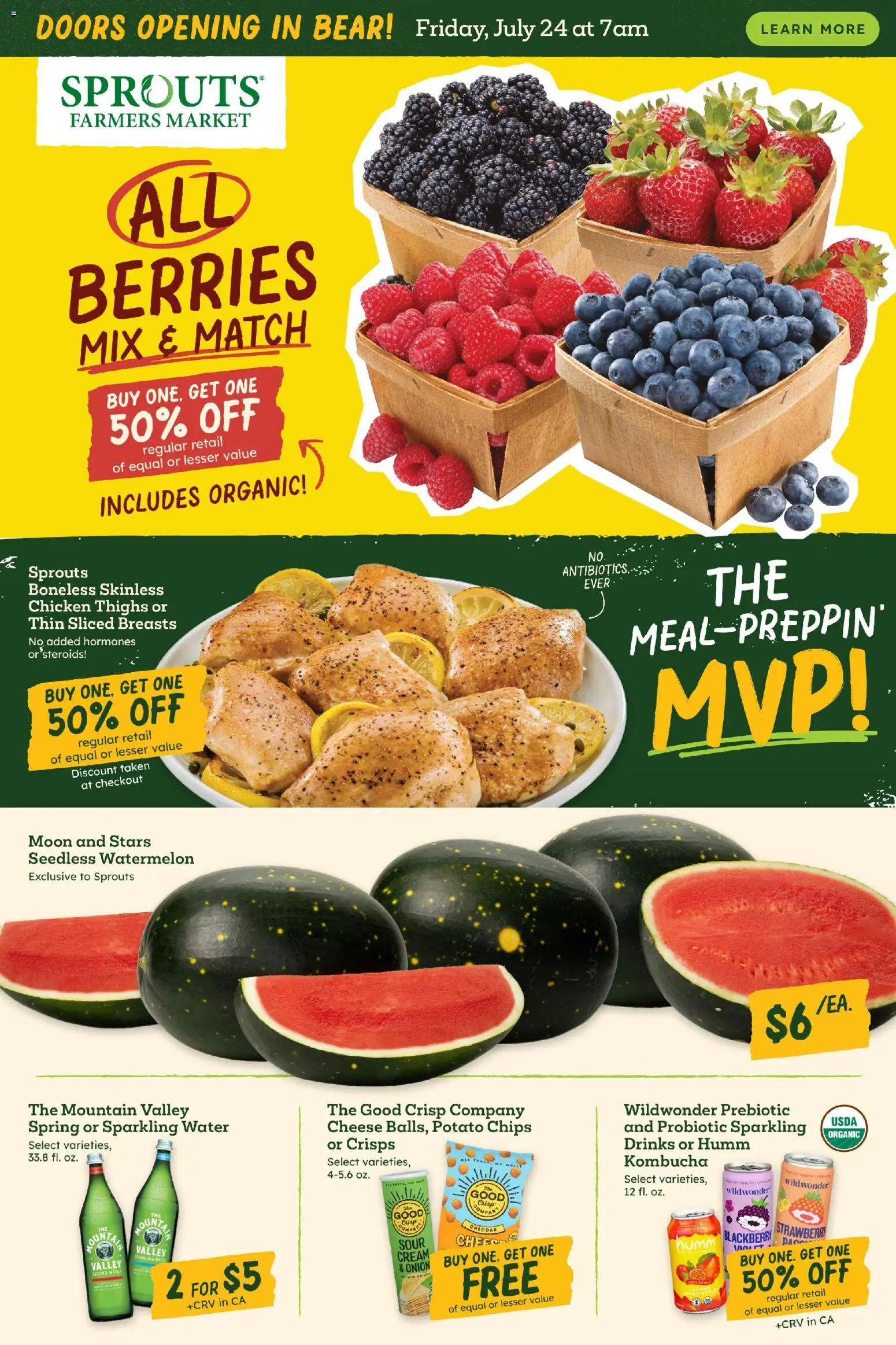 Sprouts Weekly Ad - valid from 07/22/2026 | Page: 1 | Products: Berries, Cheese, Cream, Watermelon