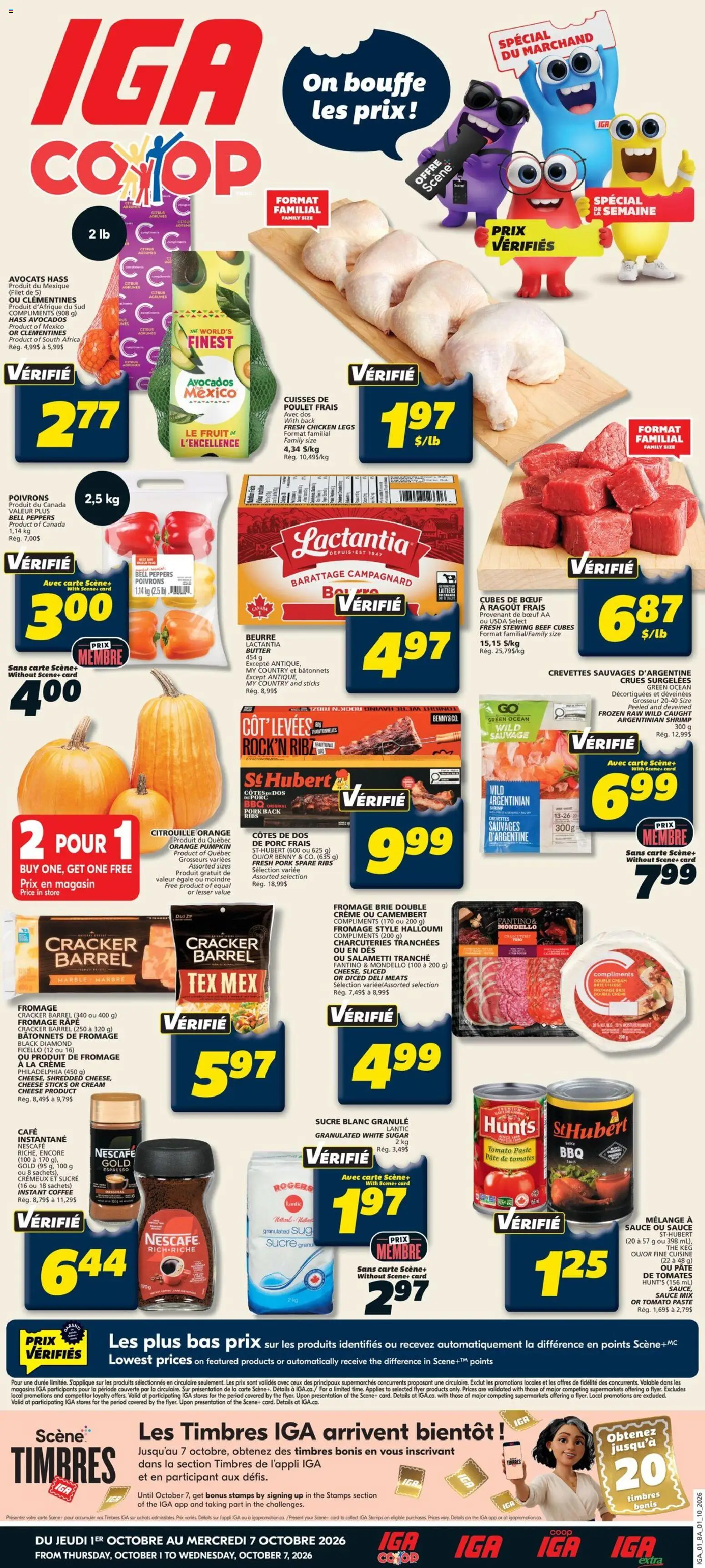 IGA flyer valid from Oct 1, 2026 | Page: 1 | Products: Fruit, Cheese sticks, Coffee, Chicken