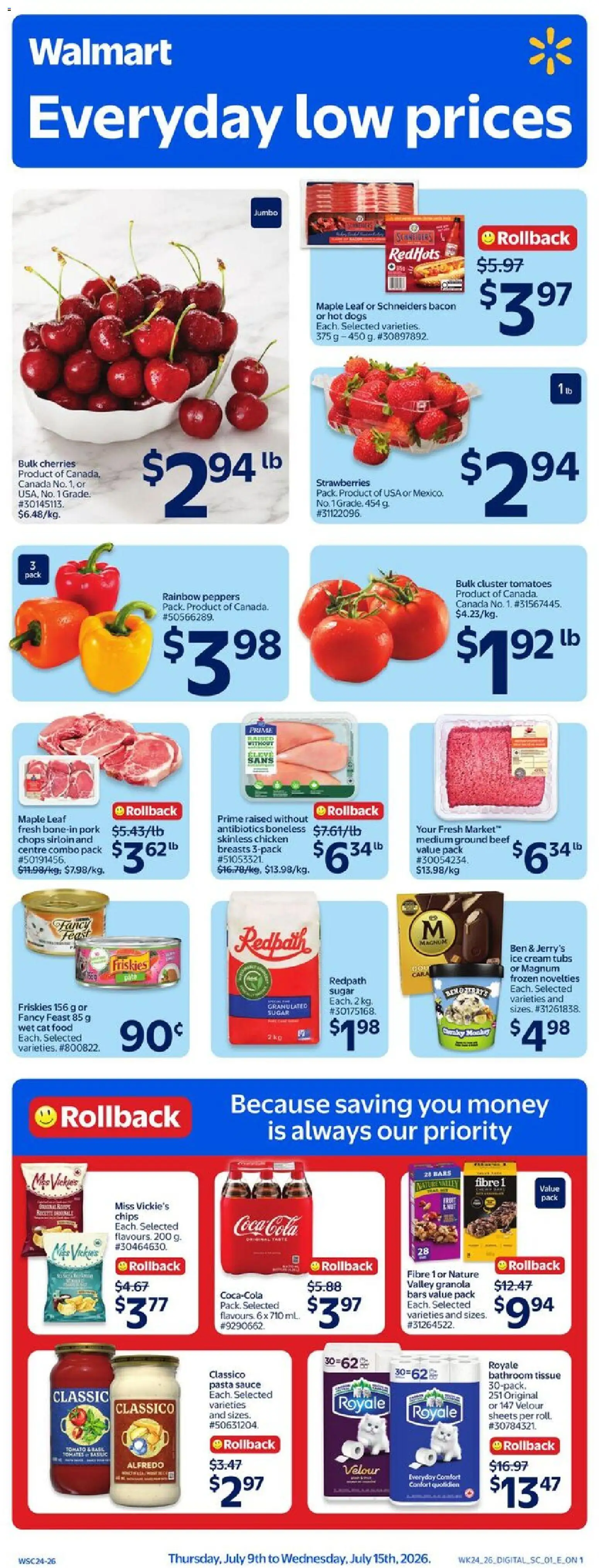 Walmart flyer valid from Jul 9, 2026 | Page: 1 | Products: Beef, Chips, Chicken breasts, Pork