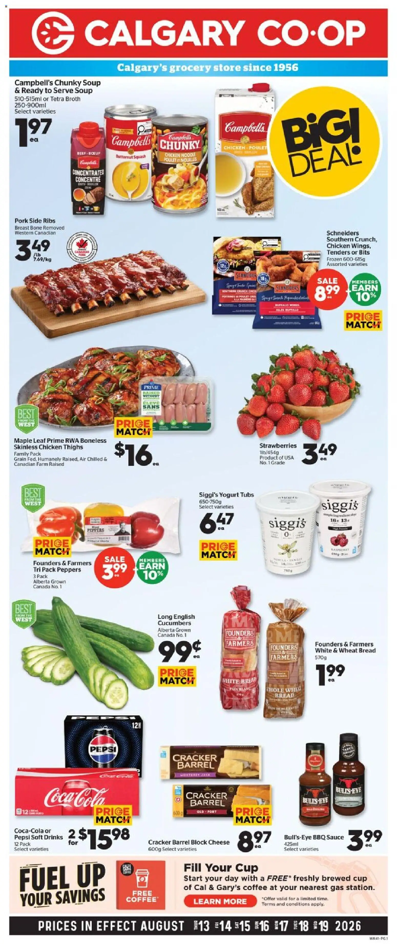 Calgary Co-op flyer valid from Aug 13, 2026 | Page: 1 | Products: Beef, Broth, Bread, Coffee