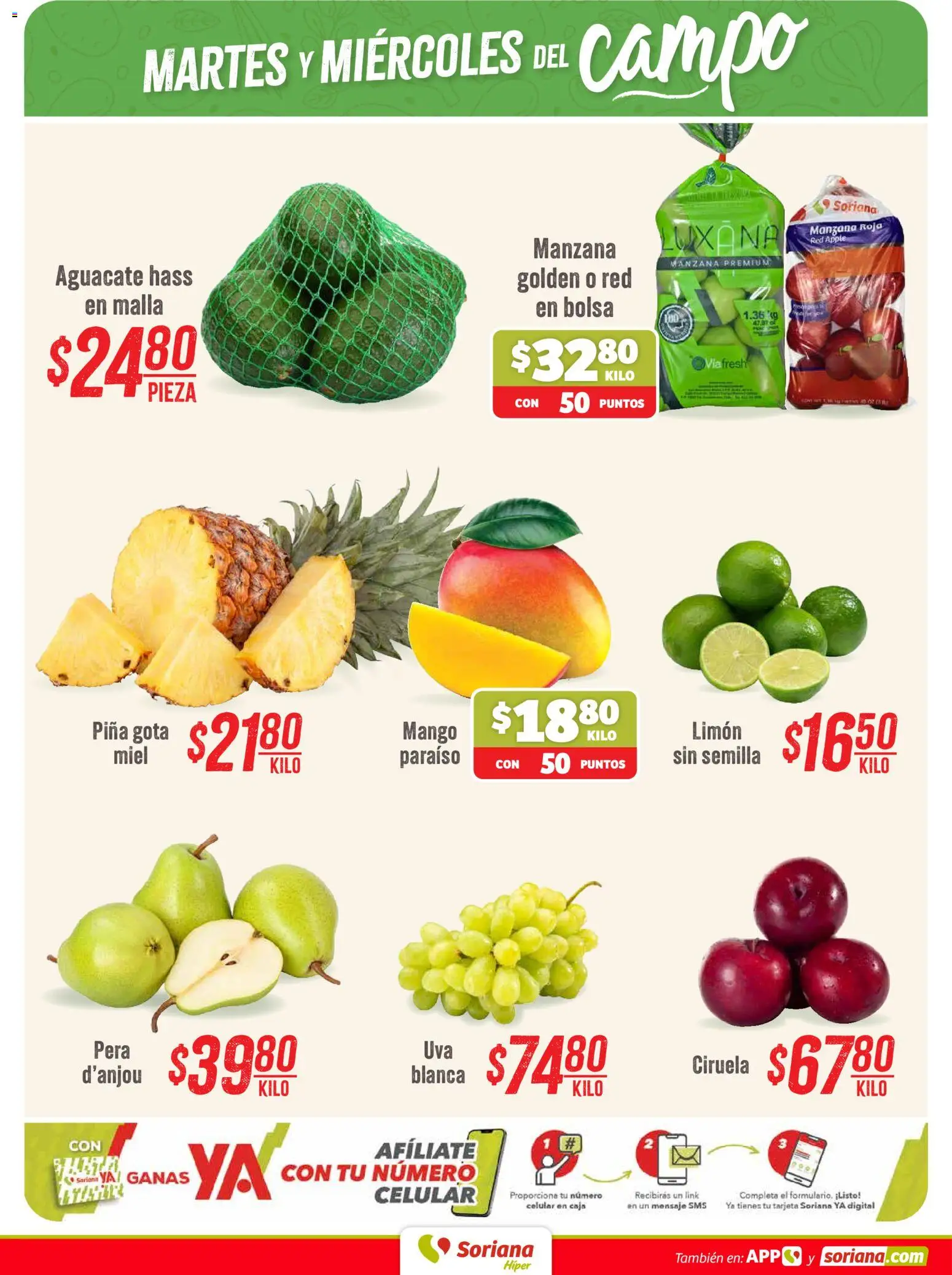 Nuevas ofertas de Soriana válidas en toda la República Mexicana desde el 04/08/2026. ¡Encuentra las mejores ofertas en Soriana Martes y Miércoles del Campo Híper: Ver, Tab, Chis, Camp, Yuc y Q. Roo! | Página: 2 | Productos: Bolsa, Limón, Mango, Piña