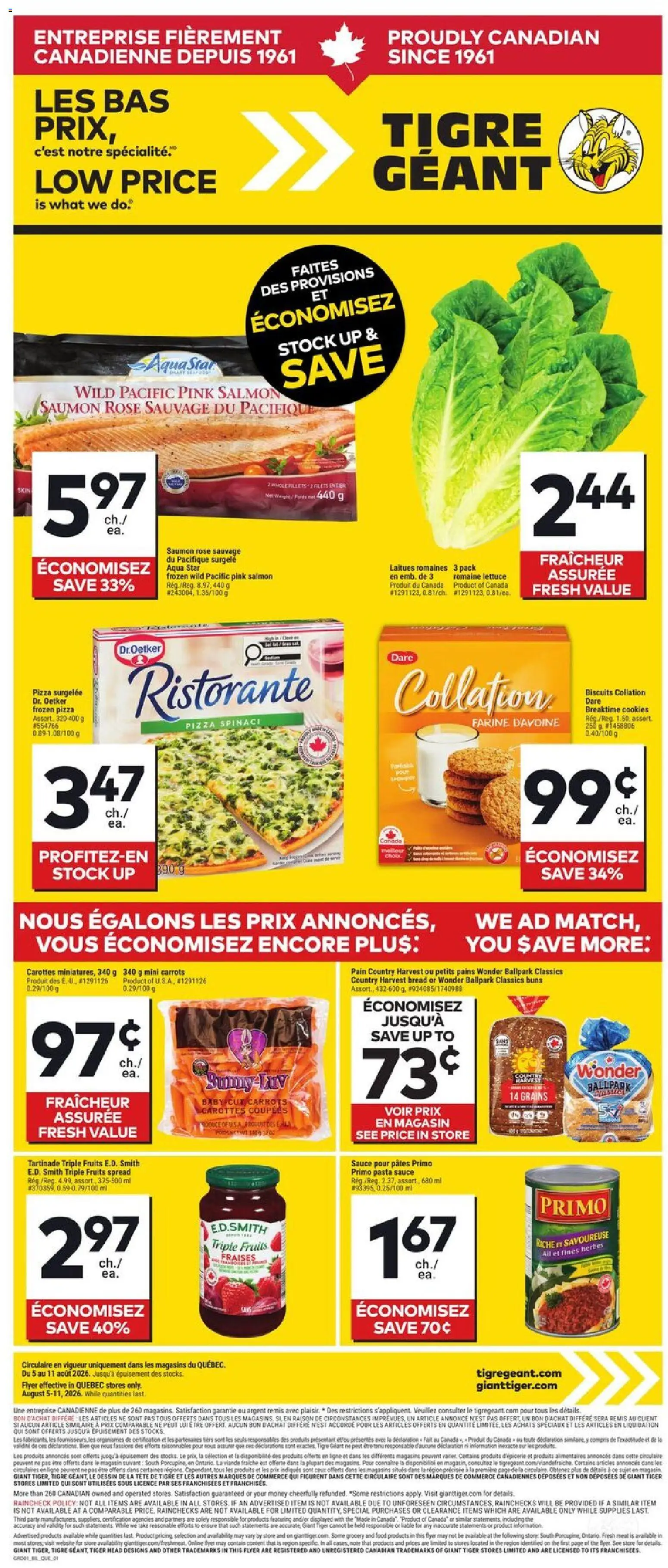 Giant Tiger flyer valid from Aug 5, 2026 | Page: 1 | Products: Cookies, Fruit, Carrots, Meat