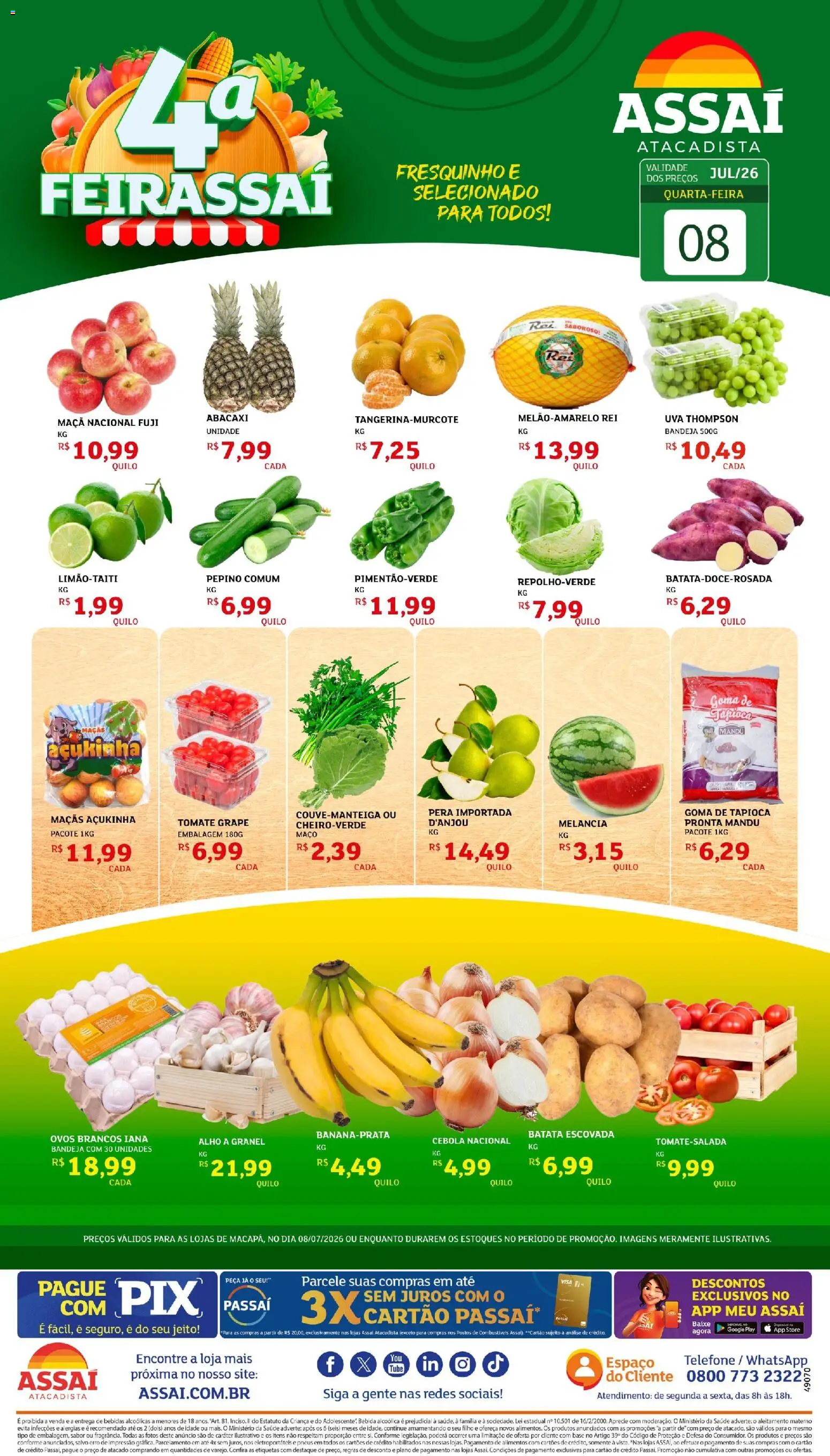Assaí Atacadista Folheto - válido de 08/07/2026 | Página: 1 | Produtos: Cebola, Tapioca, Batata, Telefone
