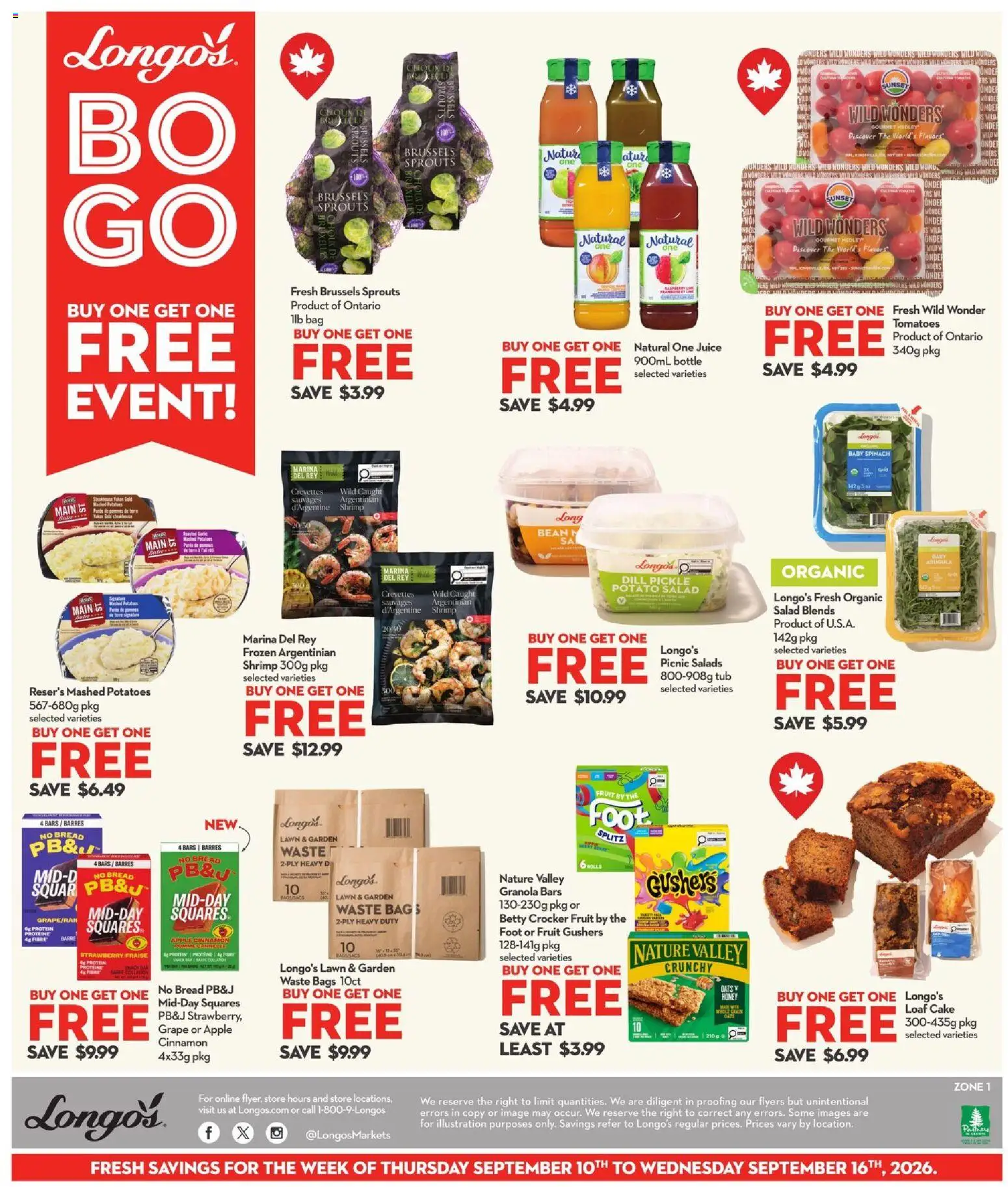 Longo's flyer valid from Sep 10, 2026 | Page: 3 | Products: Shrimp, Baby spinach, Cake, Protein