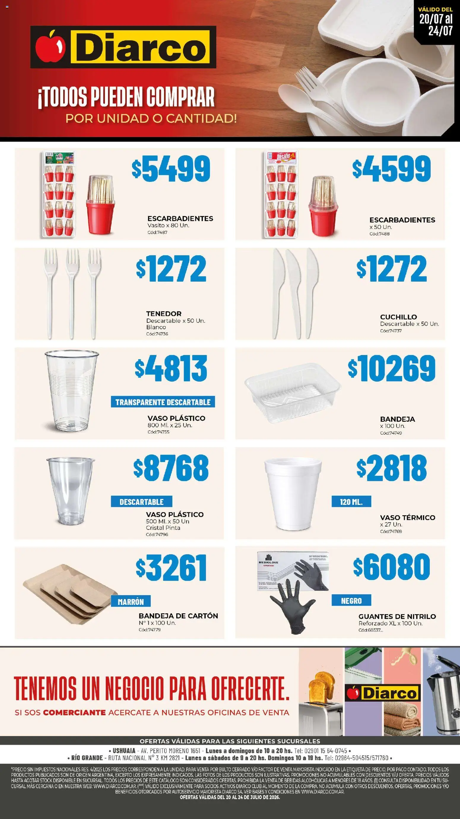 Diarco - Especial Descartables │ válido desde el 20/07/2026 | Página: 1 | Productos: Cuchillo, Tenedor, Bandeja, Guantes