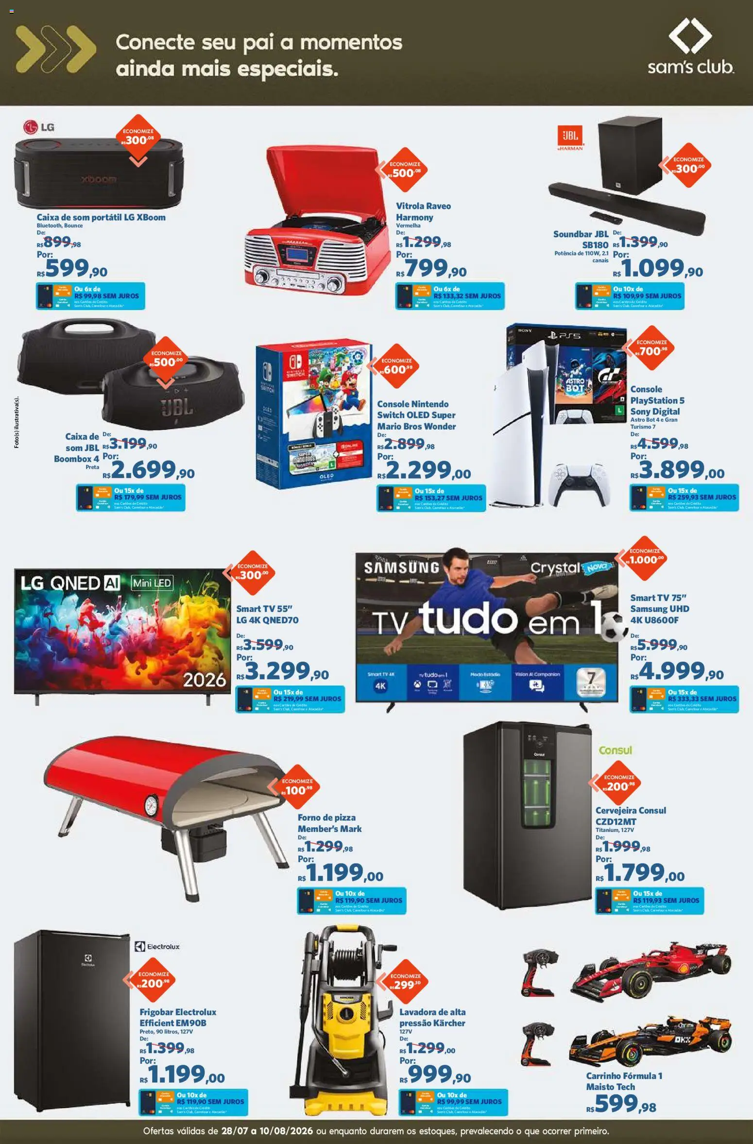 Sam's Club Folheto - válido de 28/07/2026 | Página: 10 | Produtos: Cervejeira, Pizza, Carrinho, Playstation