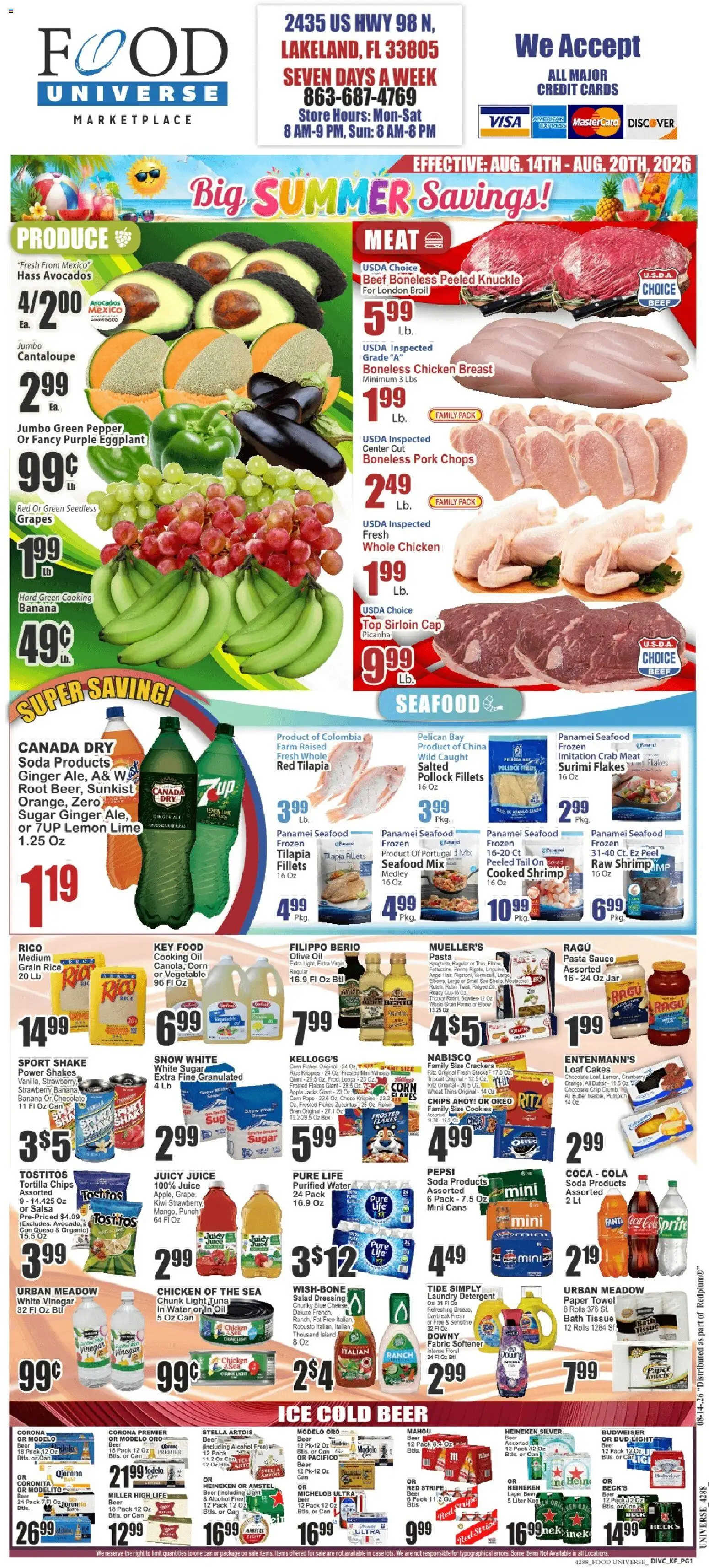 Food Universe Weekly Ad - valid from 08/14/2026 | Page: 1 | Products: Cheese, Flakes, Sugar, Seafood