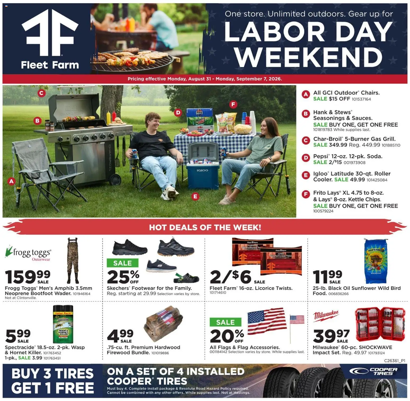 Mills Fleet Farm Weekly Ad - valid from 08/31/2026 | Page: 1 | Products: Firewood, Oil, Seasonings, Kettle