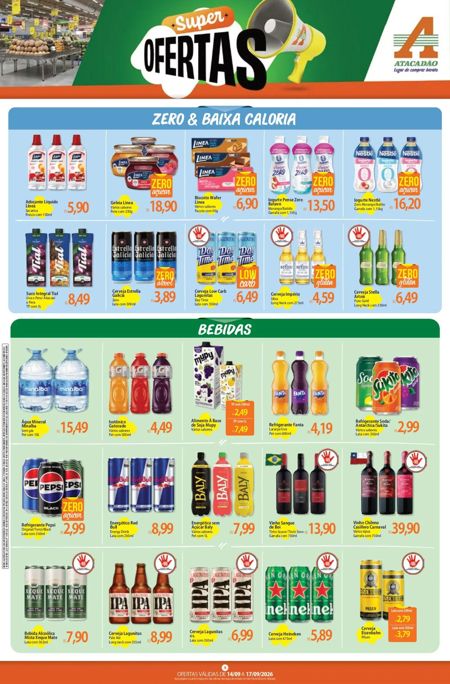 Atacadão Folheto - válido de 14/09/2026 | Página: 4 | Produtos: Adoçante, Bebidas, Heineken, Bebida