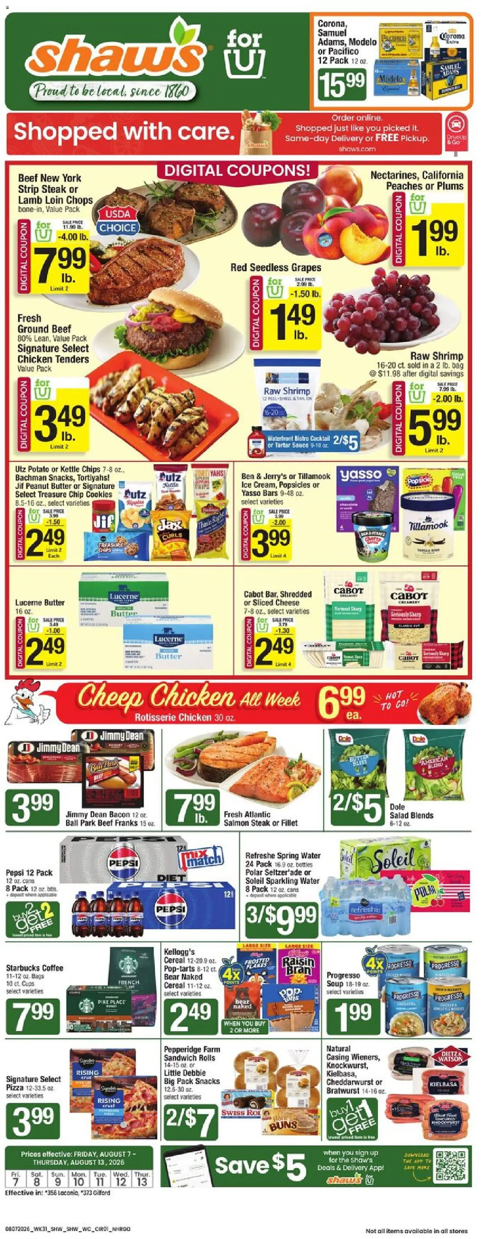 Shaw's - Weekly Ad - NH - valid from 08/07/2026 | Page: 2 | Products: Bratwurst, Cereal, Seedless grapes, Pepsi