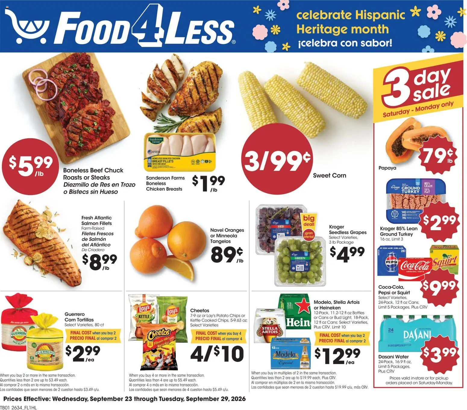 Food 4 Less Weekly Ad - valid from 09/23/2026 | Page: 1 | Products: Turkey, Ground turkey, Heineken, Oranges