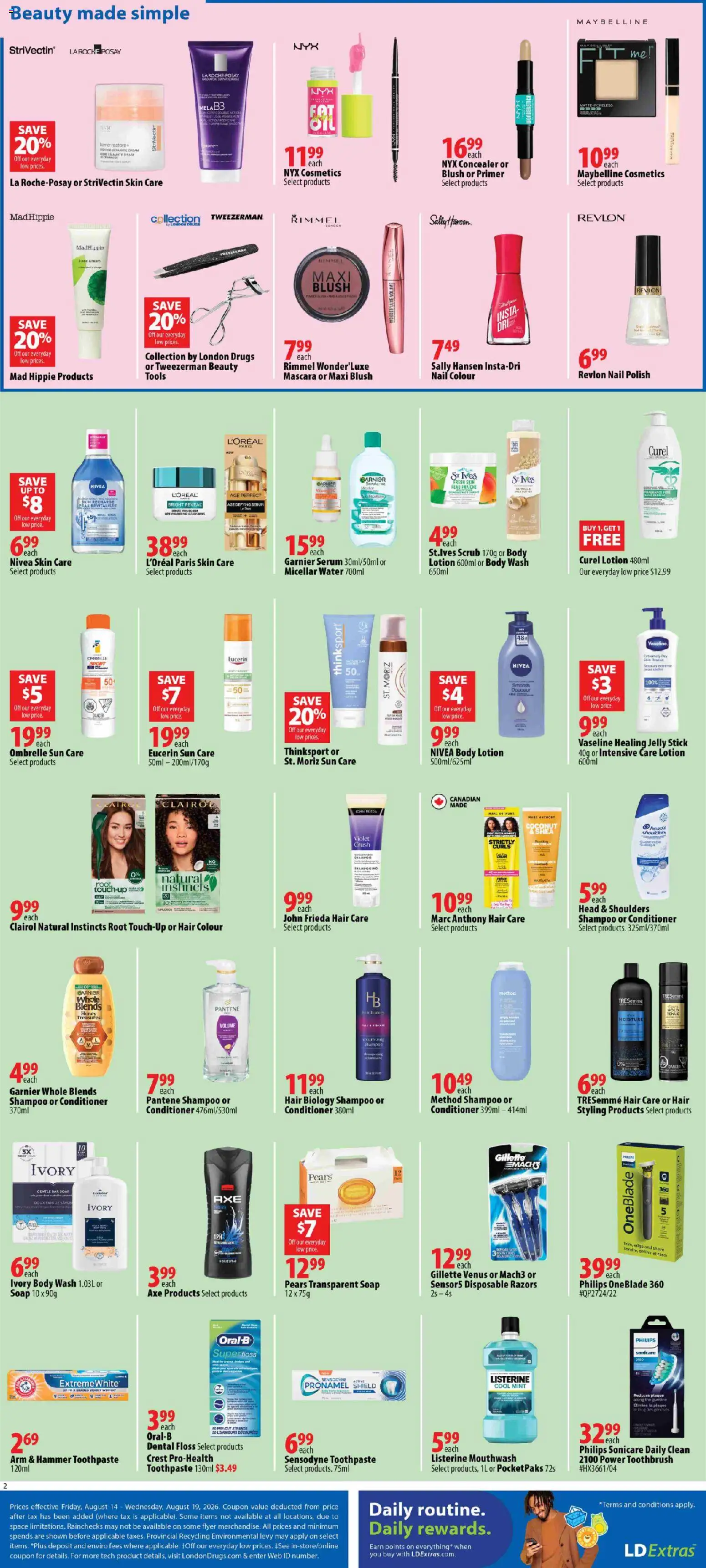 London Drugs flyer valid from Aug 14, 2026 | Page: 3 | Products: Fragrance, Conditioner, Micellar water, Toothpaste
