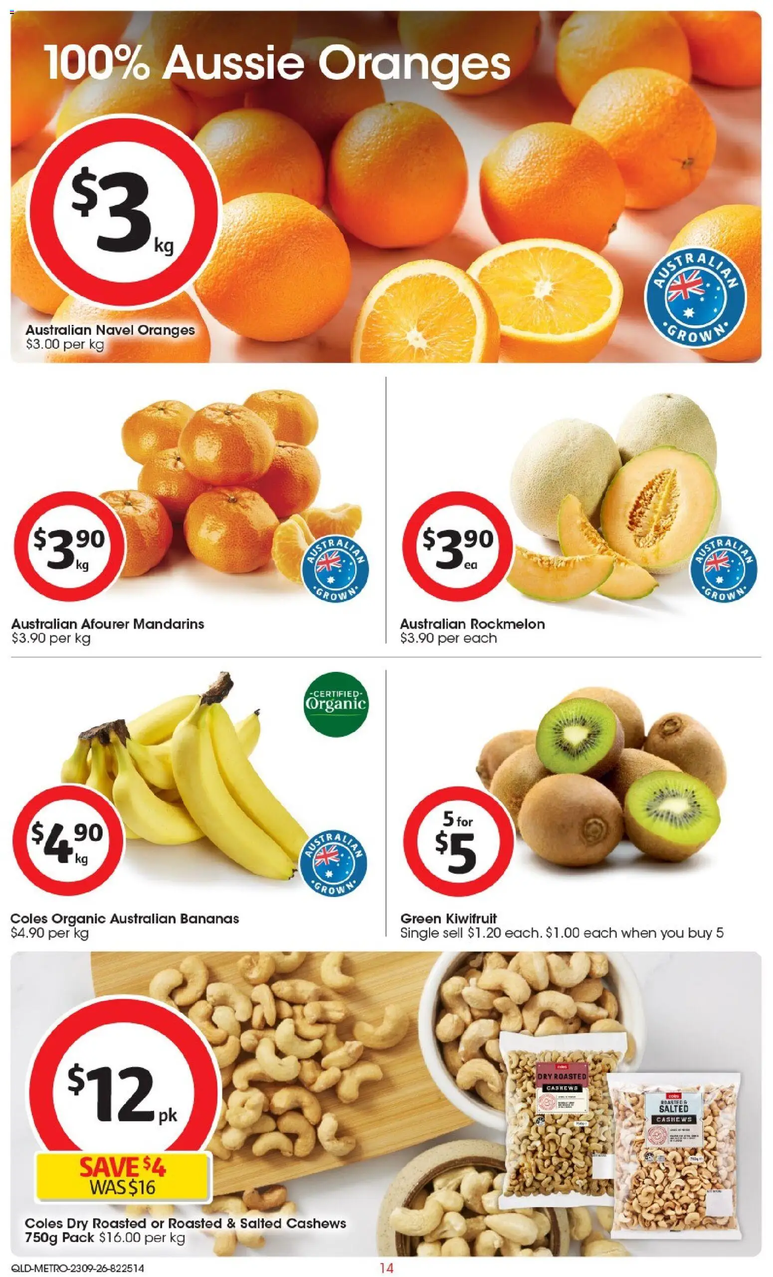 Coles catalogue - valid from 23/09/2026 | Page: 14 | Products: Oranges, Bananas, Mandarins, Rockmelon