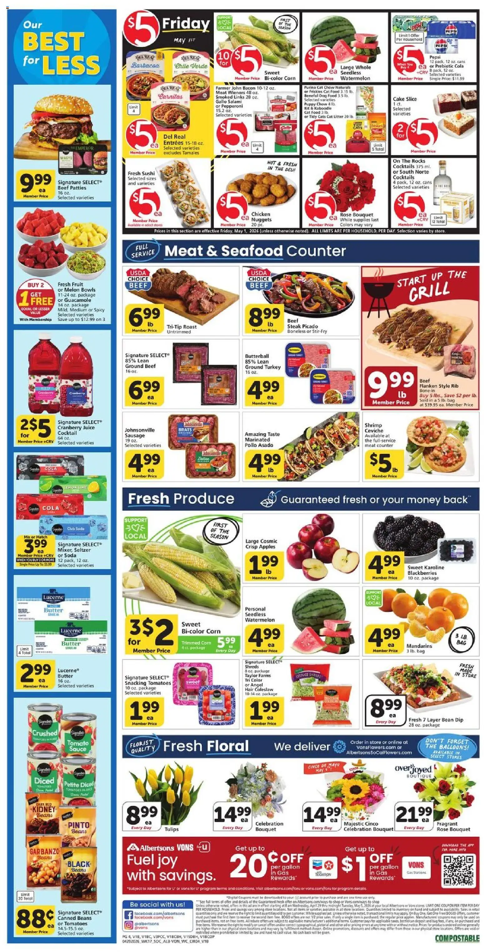 Vons Weekly Ad - SoCal - valid from 29.04.2026 | Page: 4 | Products: Dog Food, Cat Food, Sauce, Watermelon