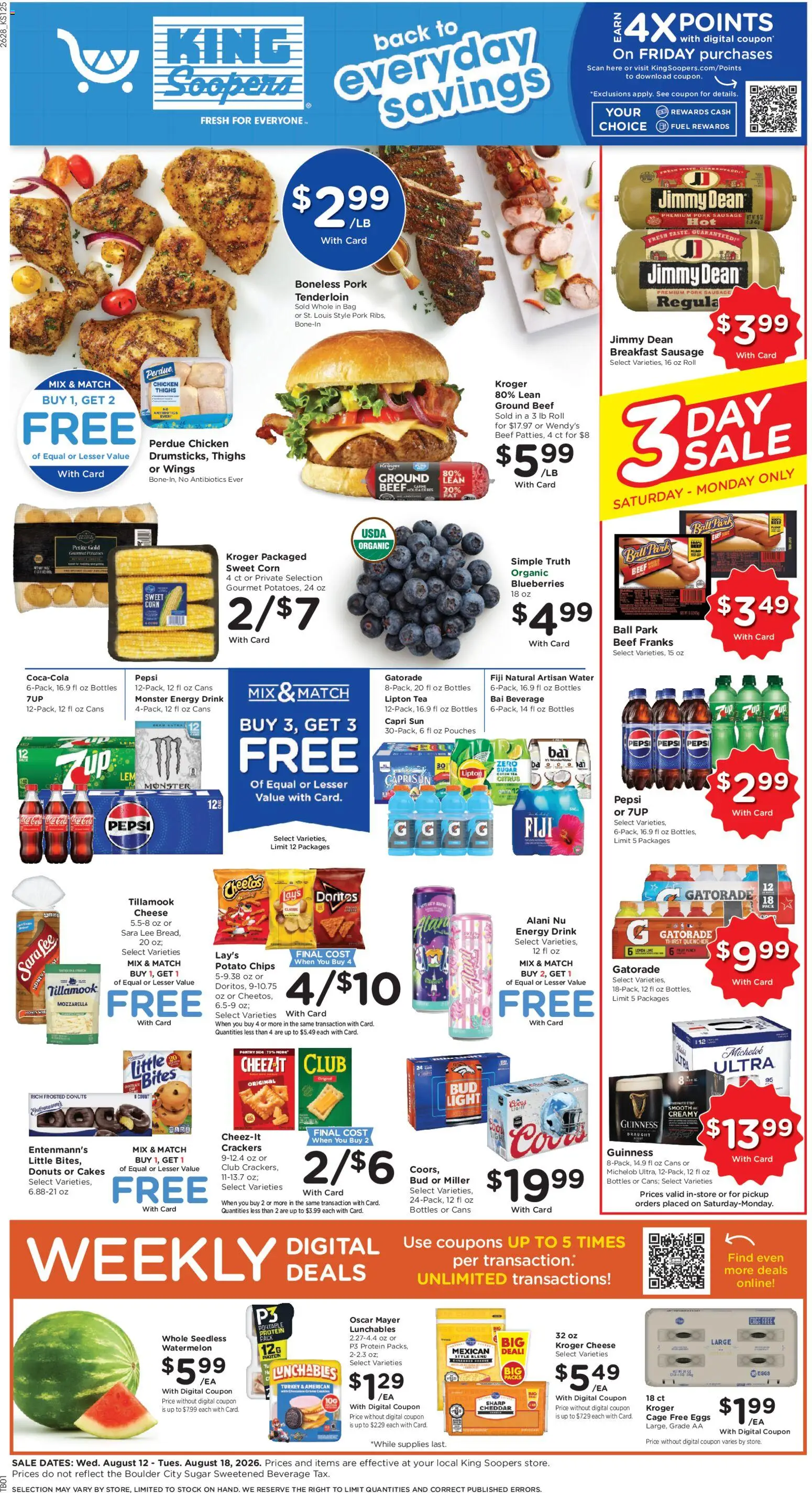 King Soopers Weekly Ad - valid from 08/12/2026 | Page: 1 | Products: Chicken, Eggs, Blueberries, Pepsi