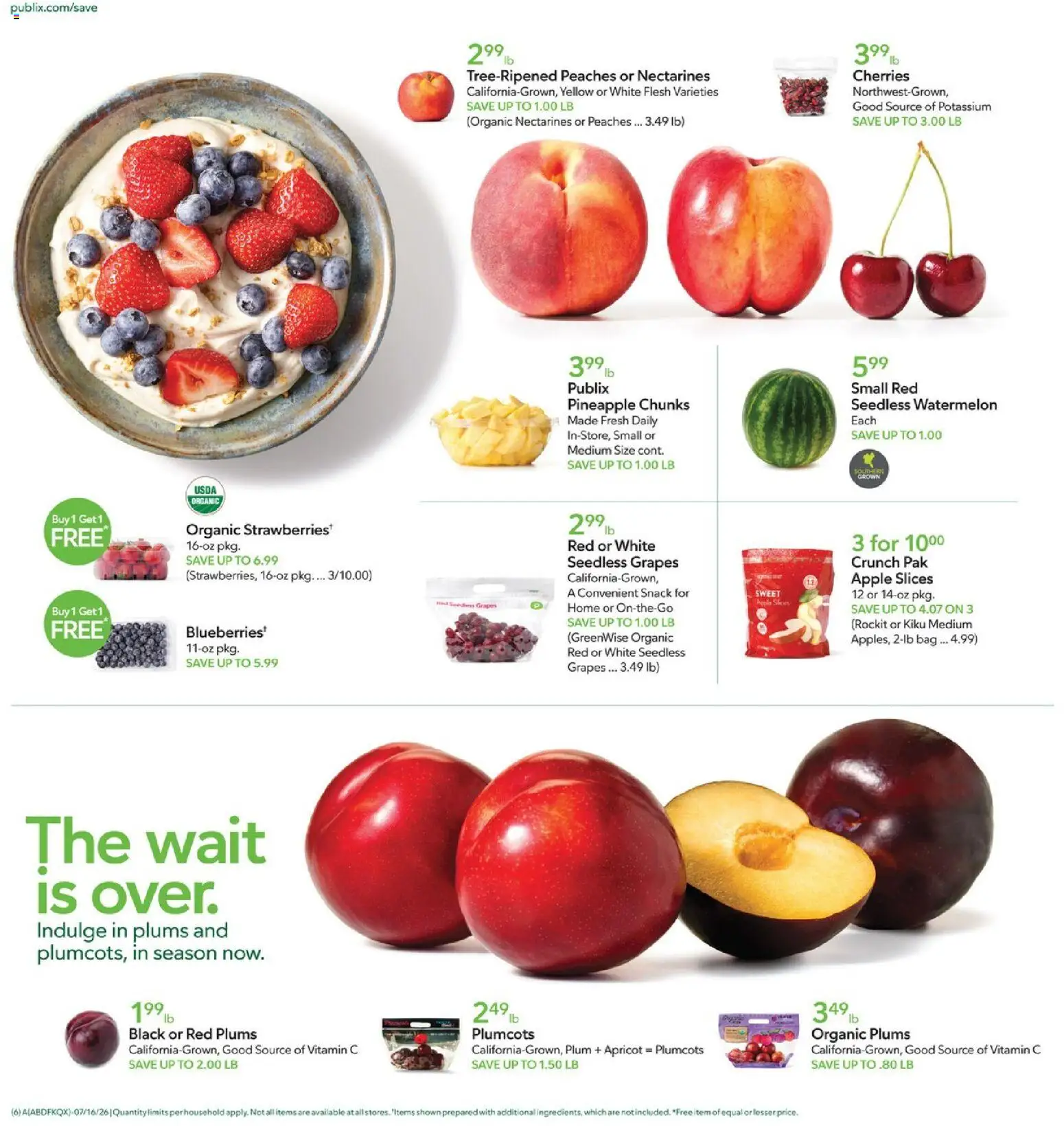 Publix Weekly Ad - valid from 07/15/2026 | Page: 6 | Products: Plum, Peaches, Pineapple, Grapes