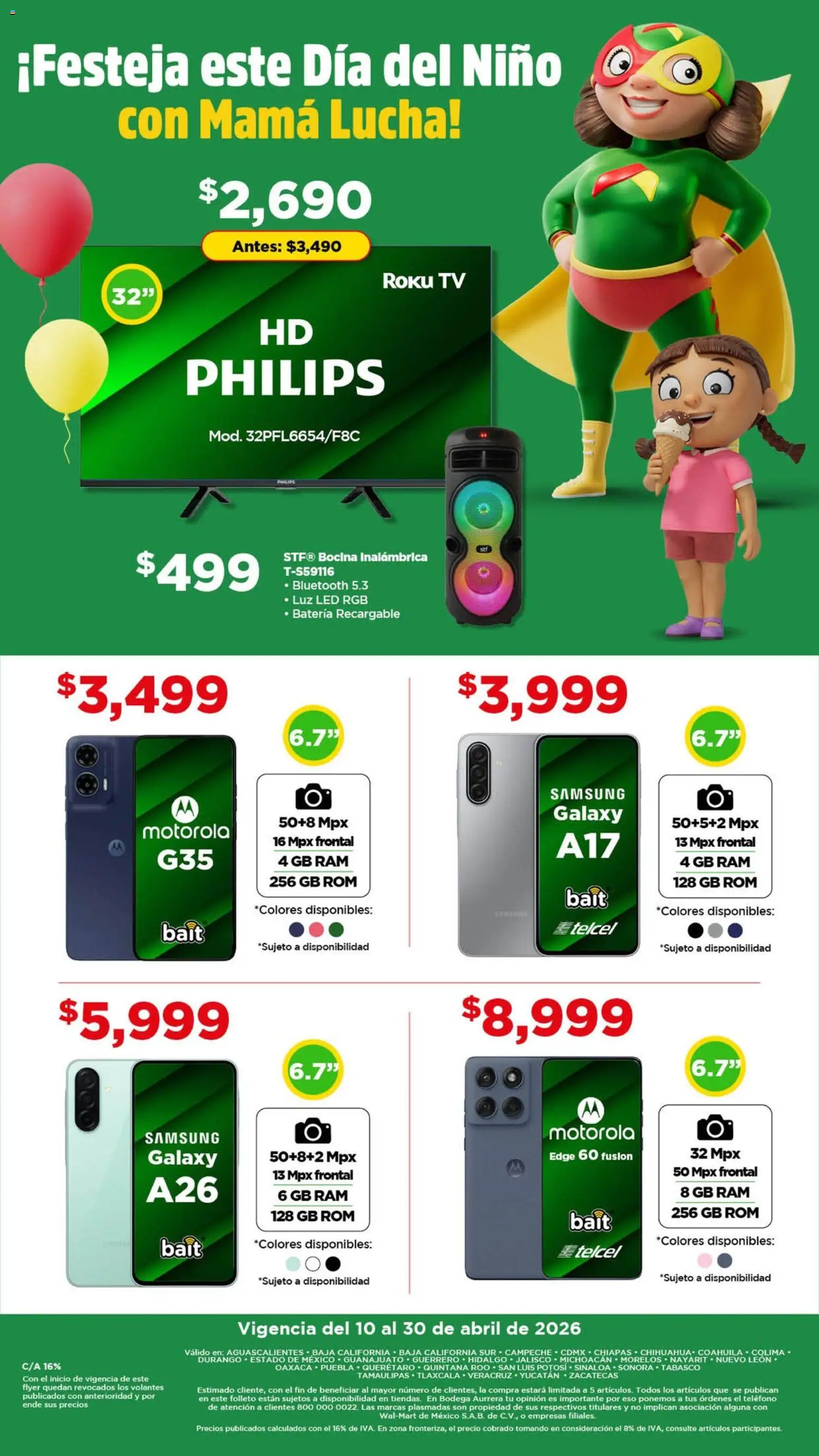 Nuevas ofertas de Bodega Aurrerá válidas en toda la República Mexicana desde el 10.04.2026. ¡Encuentra las mejores ofertas en Bodega Aurrerá folleto Festeja este Día del Niño! | Página: 1 | Productos: Bocina, Batería, Teléfono