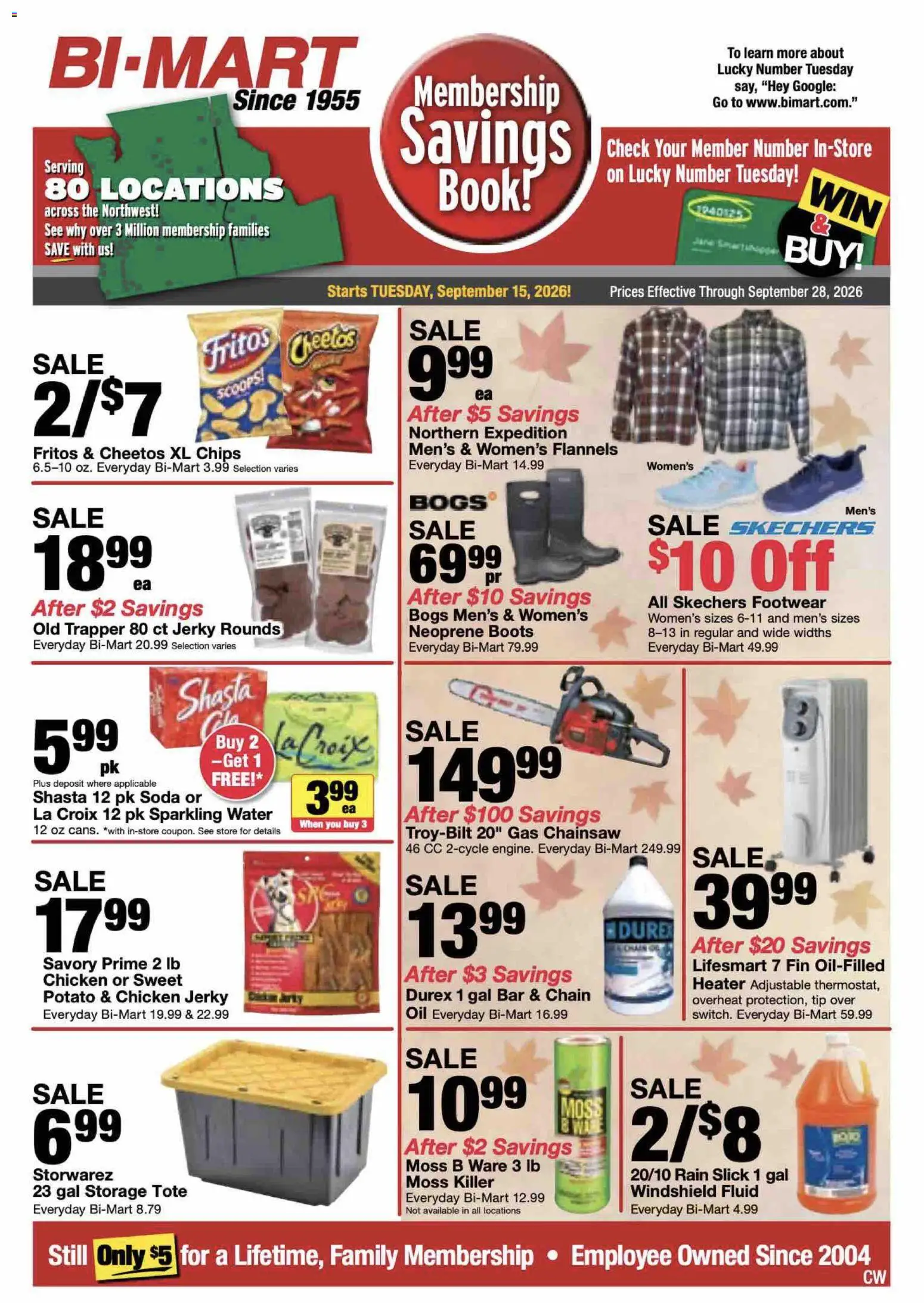 Bi-Mart Memberships Savings Book - valid from 09/15/2026 | Page: 1 | Products: Chainsaw, Oil, Chips, Boots