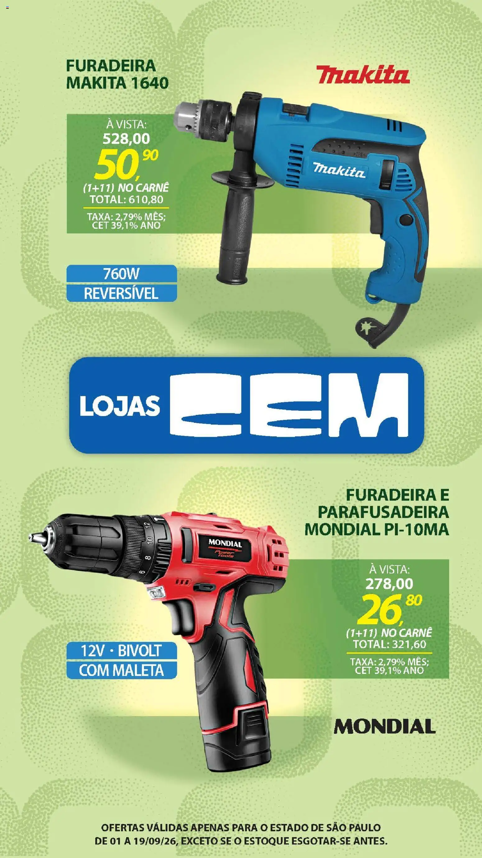 Lojas Cem Folheto - válido de 01/09/2026 | Página: 118 | Produtos: Furadeira, Carne, Parafusadeira