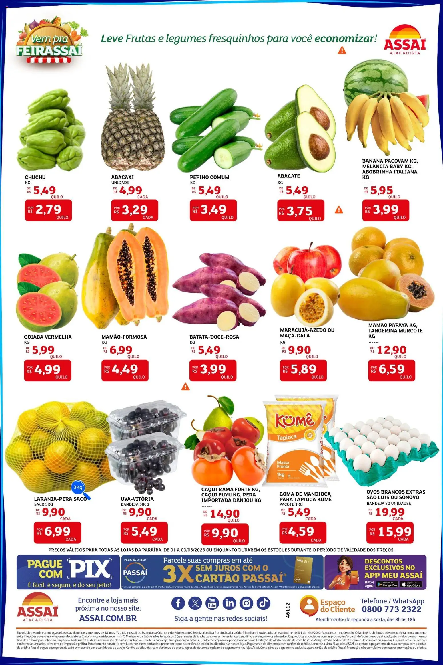 Assaí Atacadista Folheto - válido de 01.05.2026 | Página: 3 | Produtos: Caqui, Goiaba, Ovos, Mamão