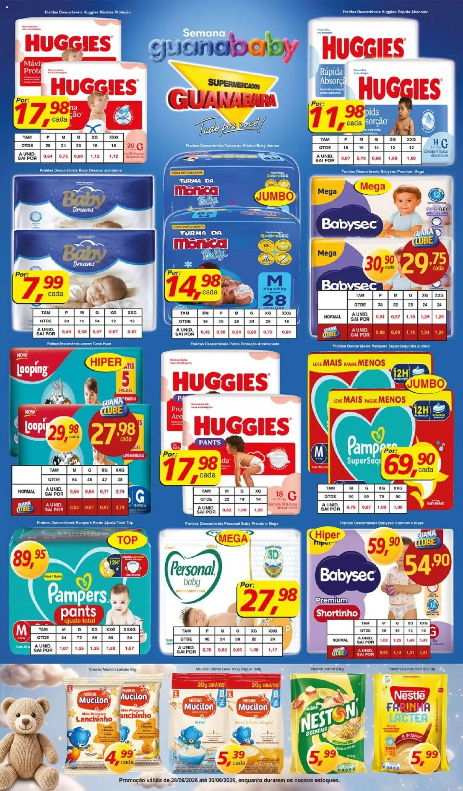 Supermercados Guanabara Folheto - válido de 28/06/2026 | Página: 3 | Produtos: Pampers, Arroz, Aveia, Mucilon