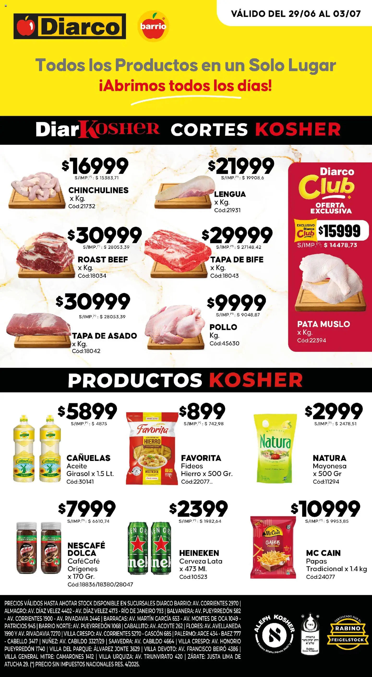 Diarco - Ofertas Kosher │ válido desde el 29/06/2026 | Página: 1 | Productos: Pollo, Chinchulines, Jugo, Fideos