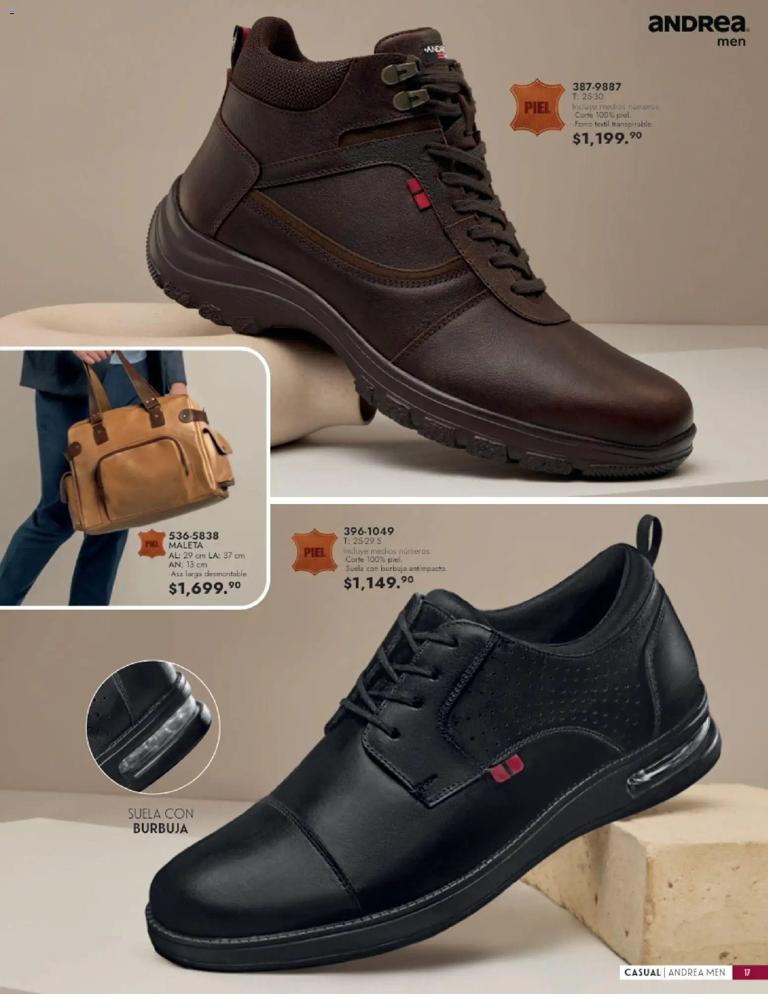 Nuevas ofertas de Andrea válidas en toda la República Mexicana desde el 23/08/2026. ¡Encuentra las mejores ofertas en Andrea catálogo Calzado Caballero! | Página: 17 | Productos: Maleta