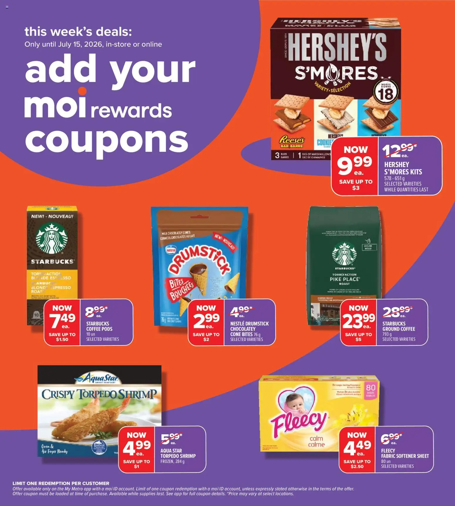 Metro flyer valid from Jul 9, 2026 | Page: 4 | Products: Bag, Fabric softener, Milk, Coffee