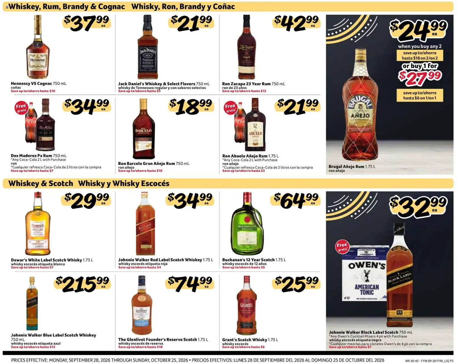 Fresco y Más Alcohol Flyer - valid from 09/28/2026 | Page: 3 | Products: Jack Daniel's, Hennessy, Cognac, Rum