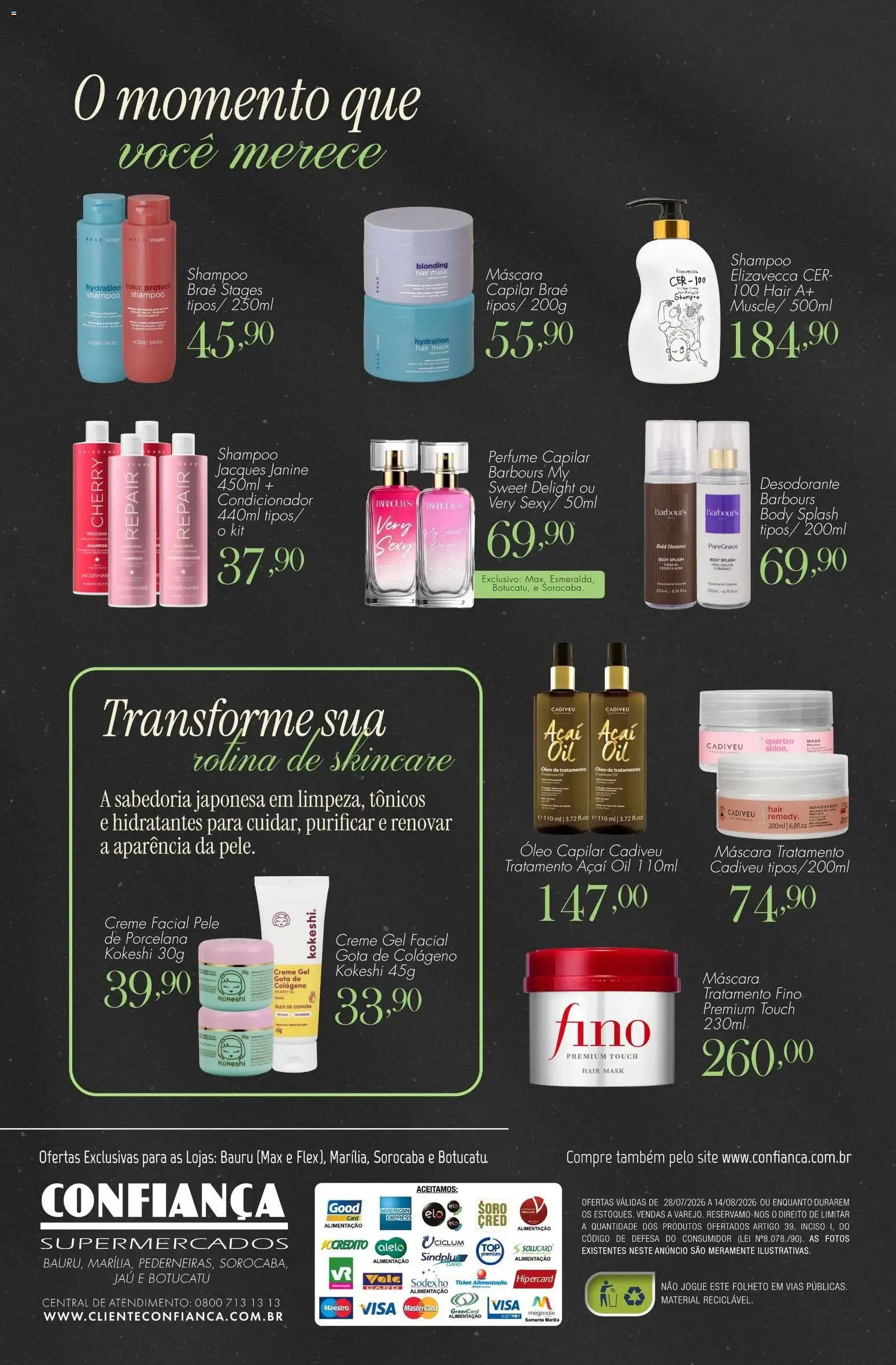 Confiança Folheto - válido de 28/07/2026 | Página: 12 | Produtos: Perfume, Condicionador, Desodorante, Óleo