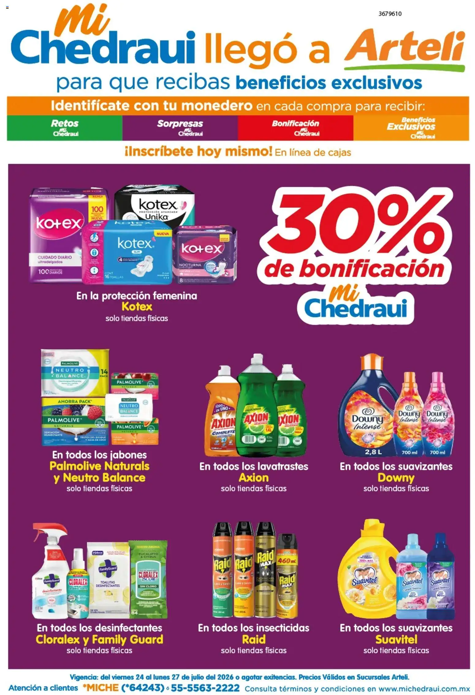 Nuevas ofertas de Arteli válidas en toda la República Mexicana desde el 24/07/2026. ¡Encuentra las mejores ofertas en Arteli folleto Mi Chedraui llegó! | Página: 1 | Productos: Monedero, Huevo, Agua, Cloro