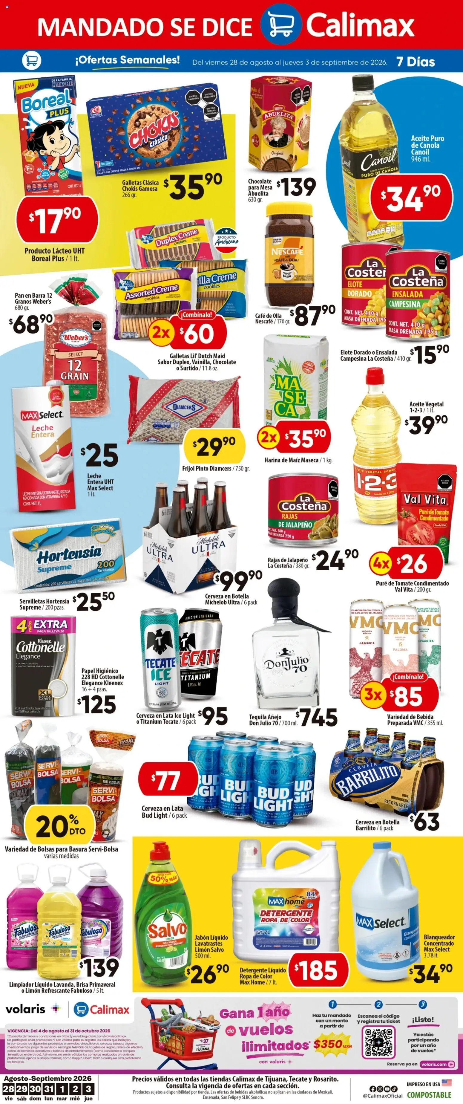 Nuevas ofertas de Calimax válidas en toda la República Mexicana desde el 28/08/2026. ¡Encuentra las mejores ofertas en Calimax folleto! | Página: 4 | Productos: Leche entera, Tequila, Vitaminas, Olla