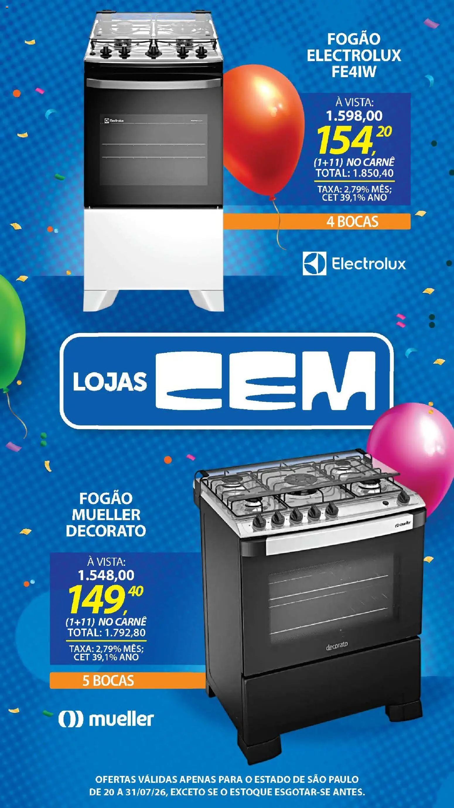 Lojas Cem Folheto - válido de 20/07/2026 | Página: 40 | Produtos: Fogão, Carne