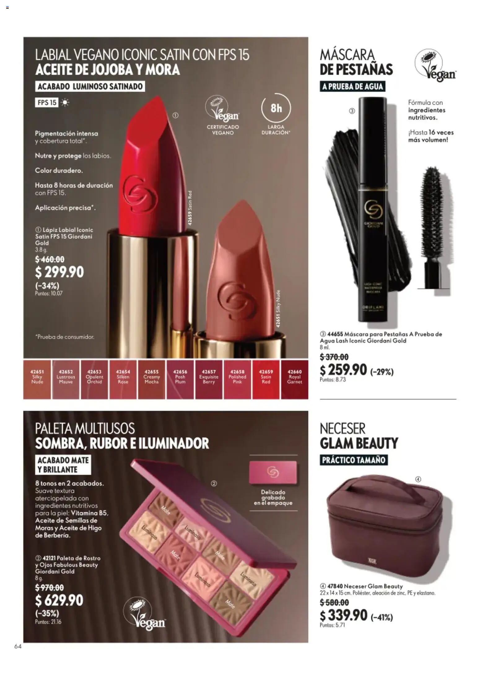 Nuevas ofertas de Oriflame válidas en toda la República Mexicana desde el 22/08/2026. ¡Encuentra las mejores ofertas en Oriflame campaña 12 2026! | Página: 64 | Productos: Iluminador, Máscara, Rubor, Lápiz labial