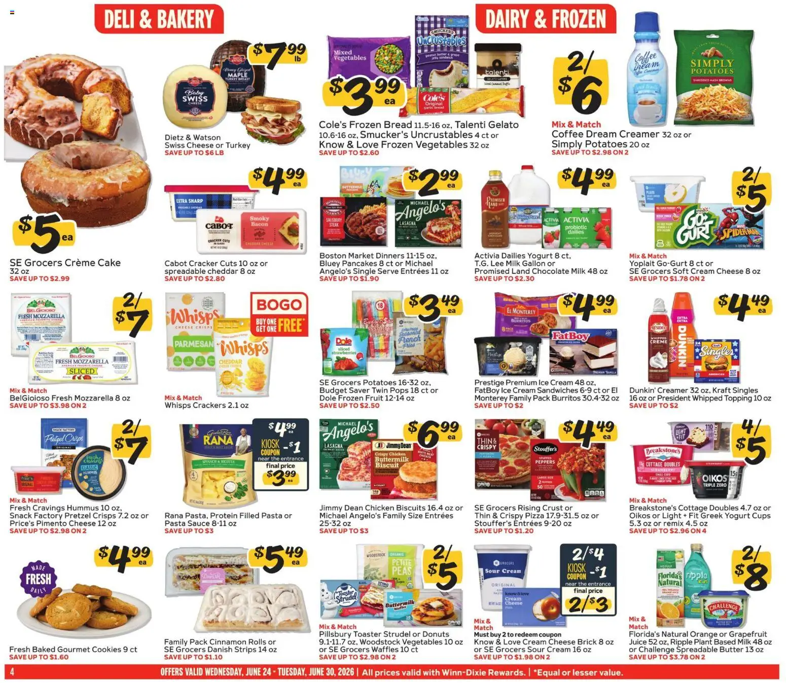 Winn Dixie Weekly Ad - valid from 06/24/2026 | Page: 4 | Products: Toaster, Cheese, Pasta, Ice cream