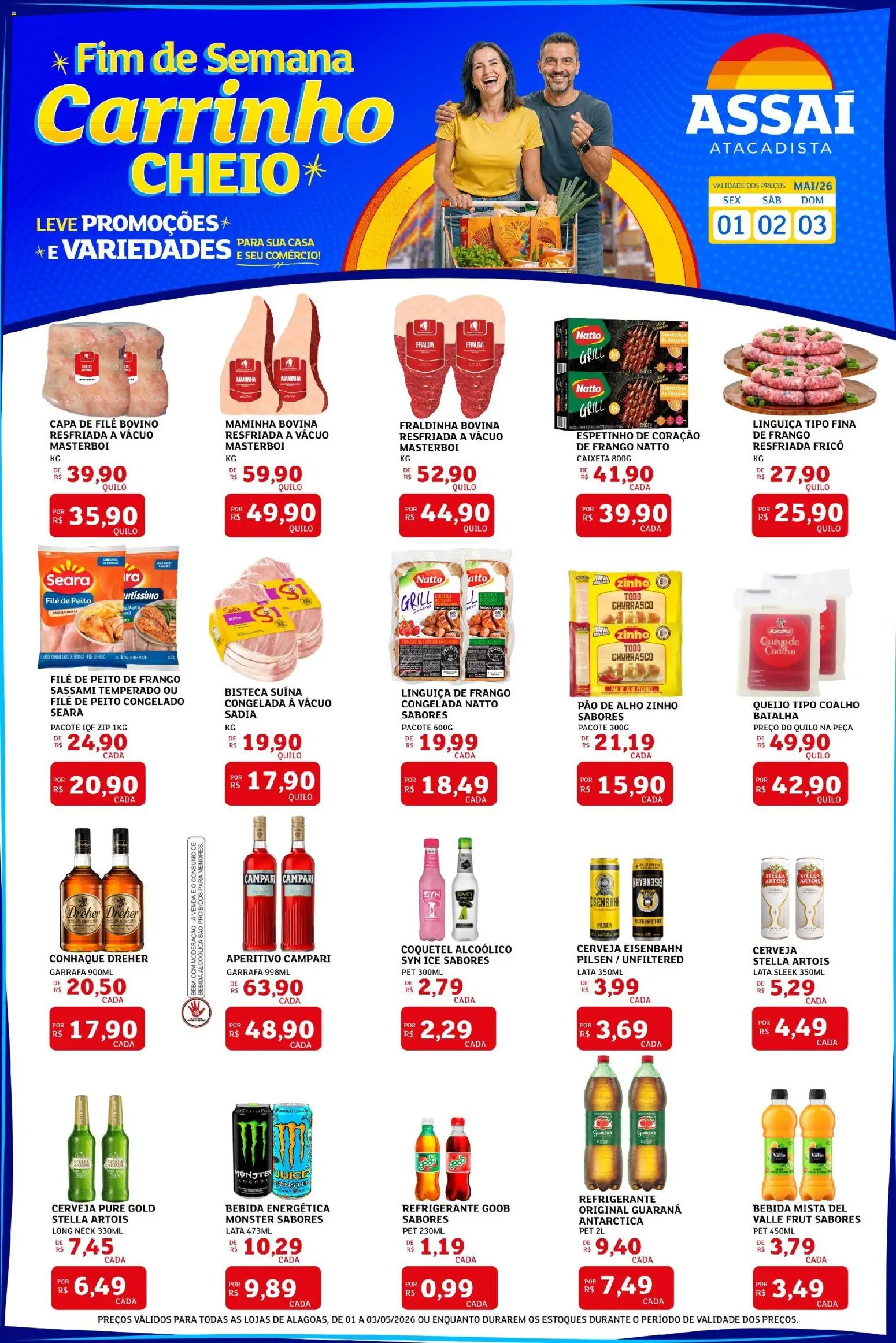 Assaí Atacadista Folheto - válido de 01.05.2026 | Página: 1 | Produtos: Pao de alho, Maminha, Cerveja, Peito de frango