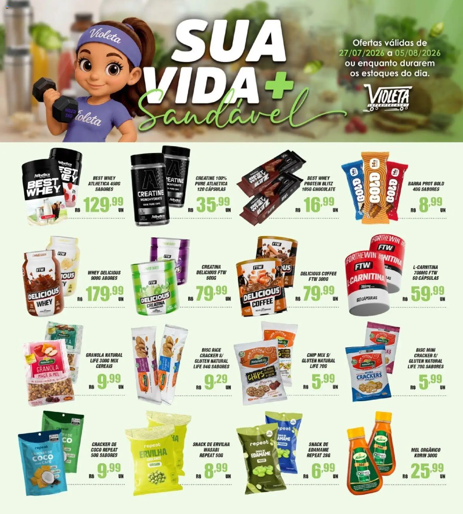 Violeta Supermercados Folheto - válido de 27/07/2026 | Página: 1 | Produtos: Coco, Ervilha, Café, Granola