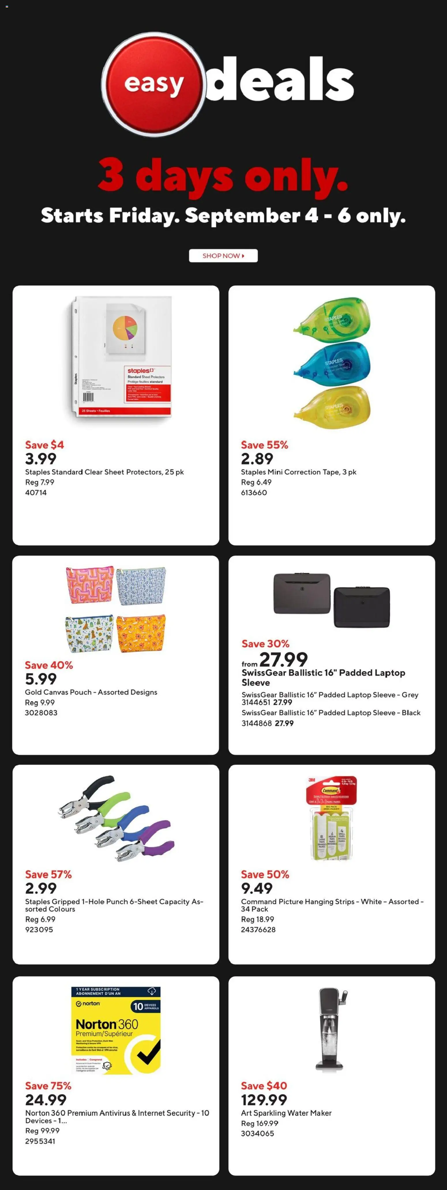 Staples flyer valid from Sep 4, 2026 | Page: 2 | Products: Water, Laptop, Strips