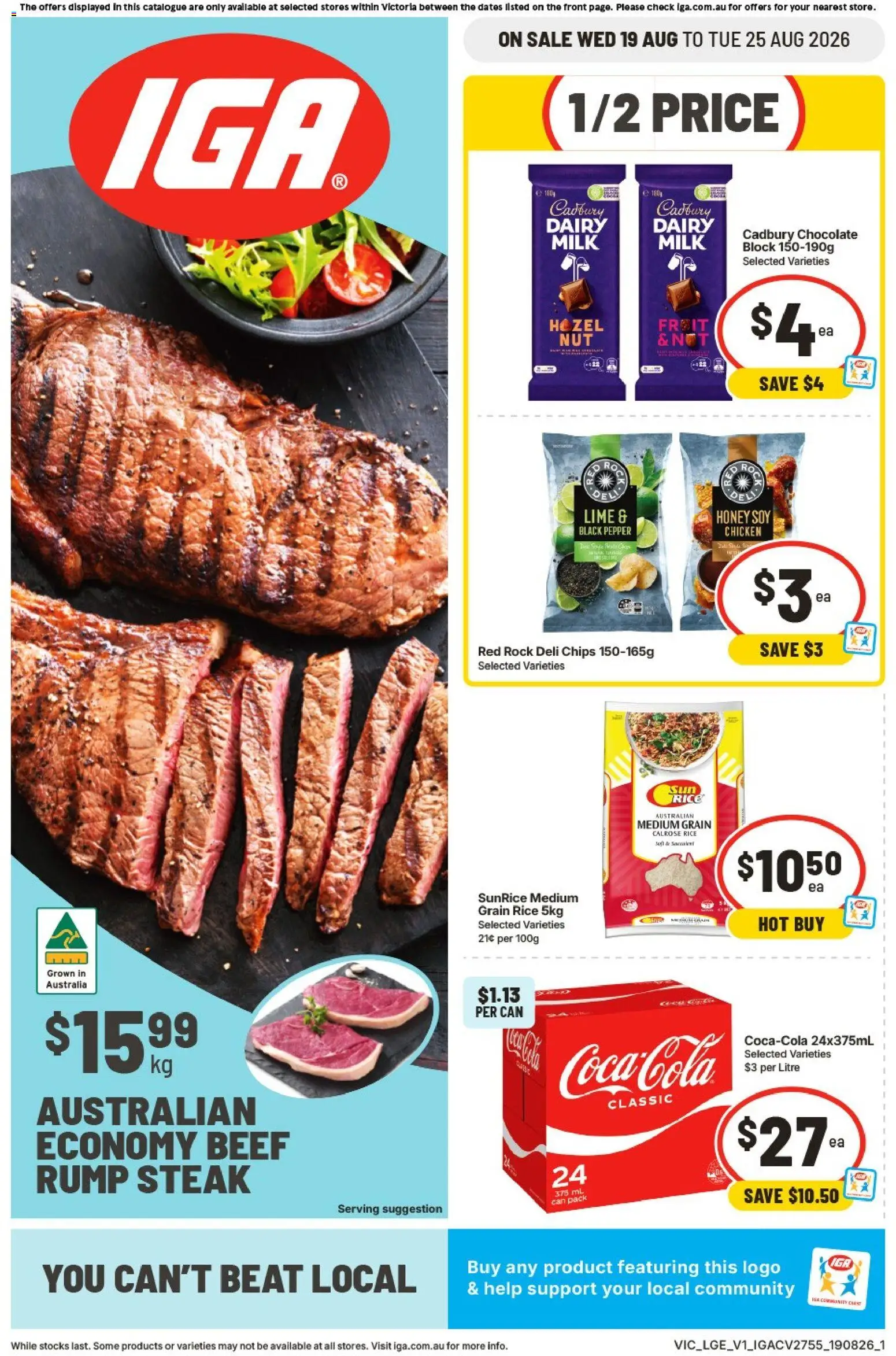 IGA catalogue - valid from 19/08/2026 | Page: 1 | Products: Dairy, Chocolate, Chicken, Rump steak