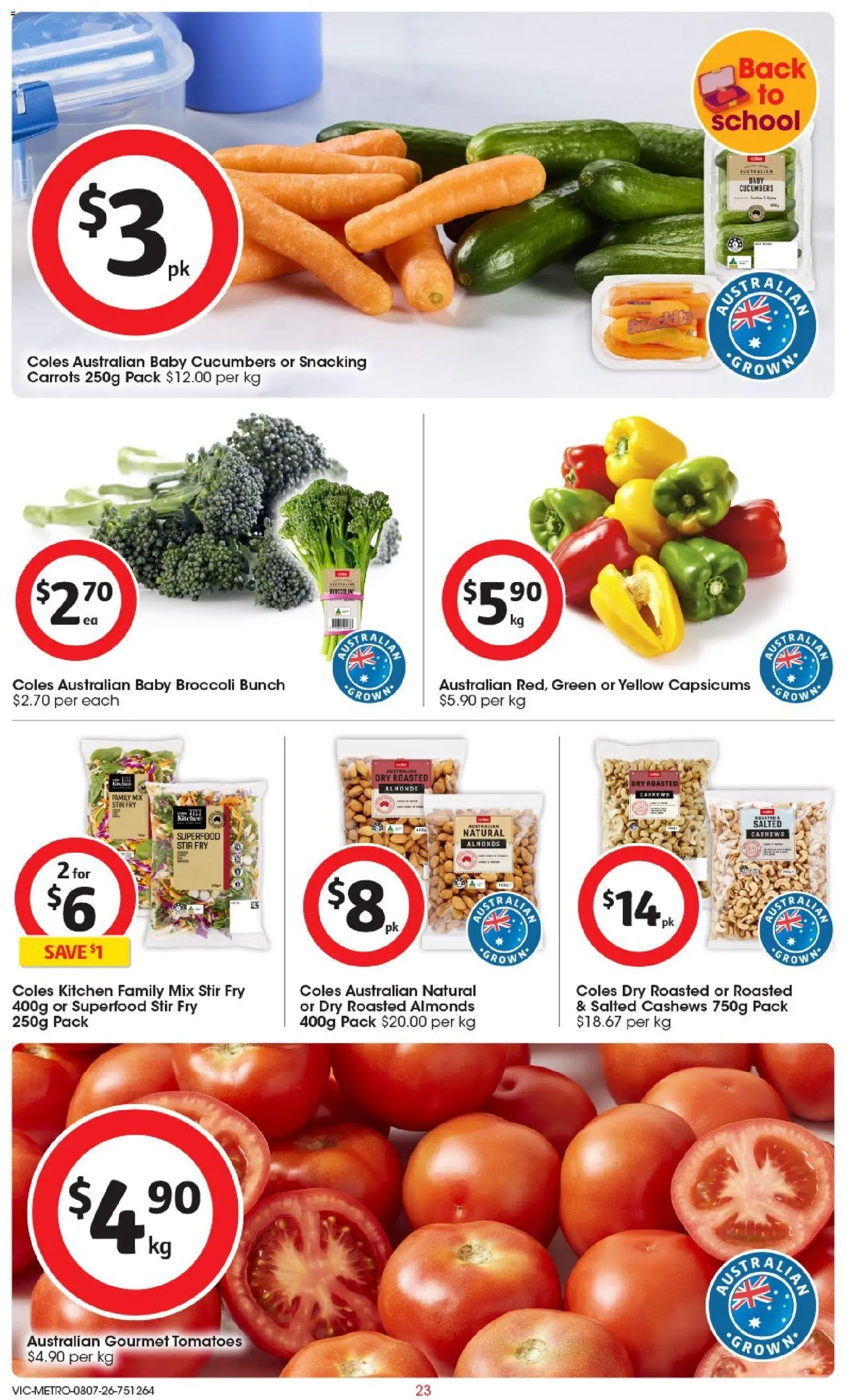 Coles catalogue - valid from 08/07/2026 | Page: 23 | Products: Almonds, Tomatoes, Carrots, Cucumbers