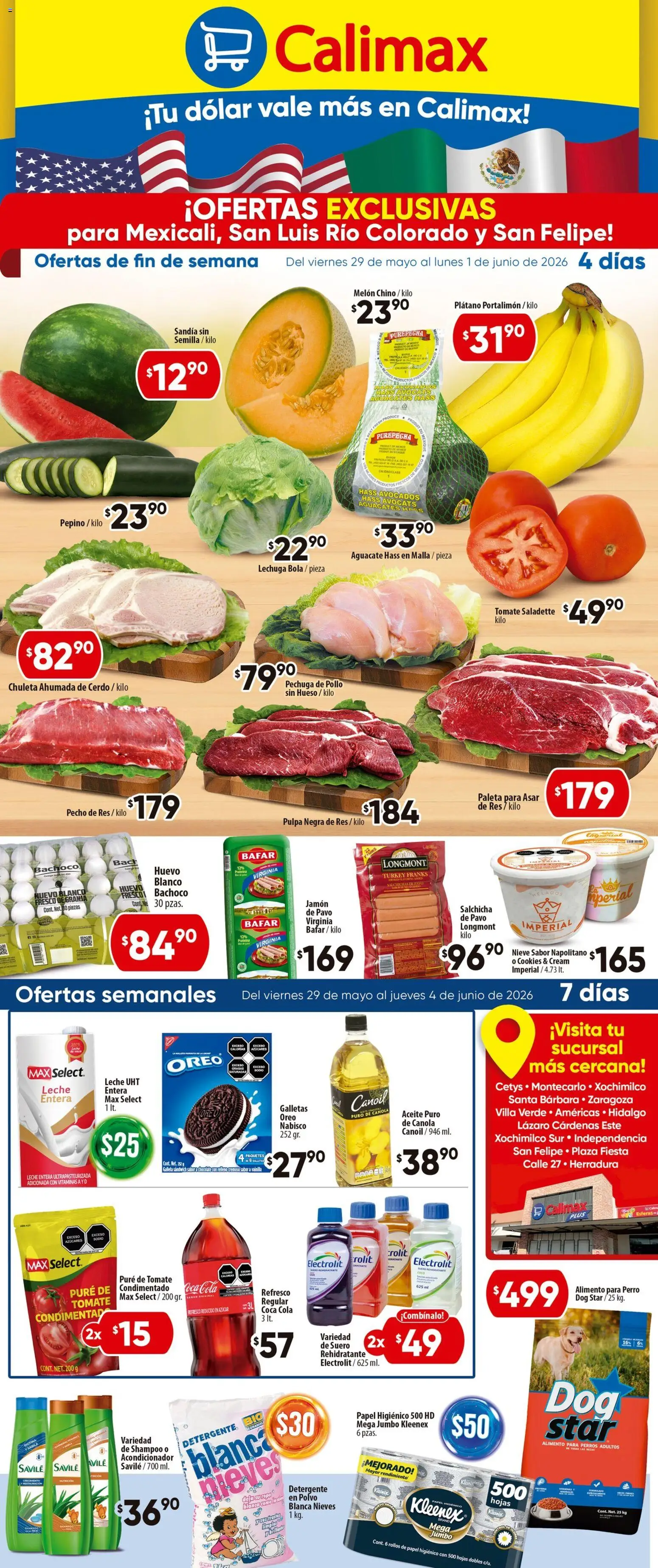 Nuevas ofertas de Calimax válidas en toda la República Mexicana desde el 29.05.2026. ¡Encuentra las mejores ofertas en Calimax folleto Mexicali y SLRC! | Página: 1 | Productos: Sandía, Aguacate, Res, Vitaminas