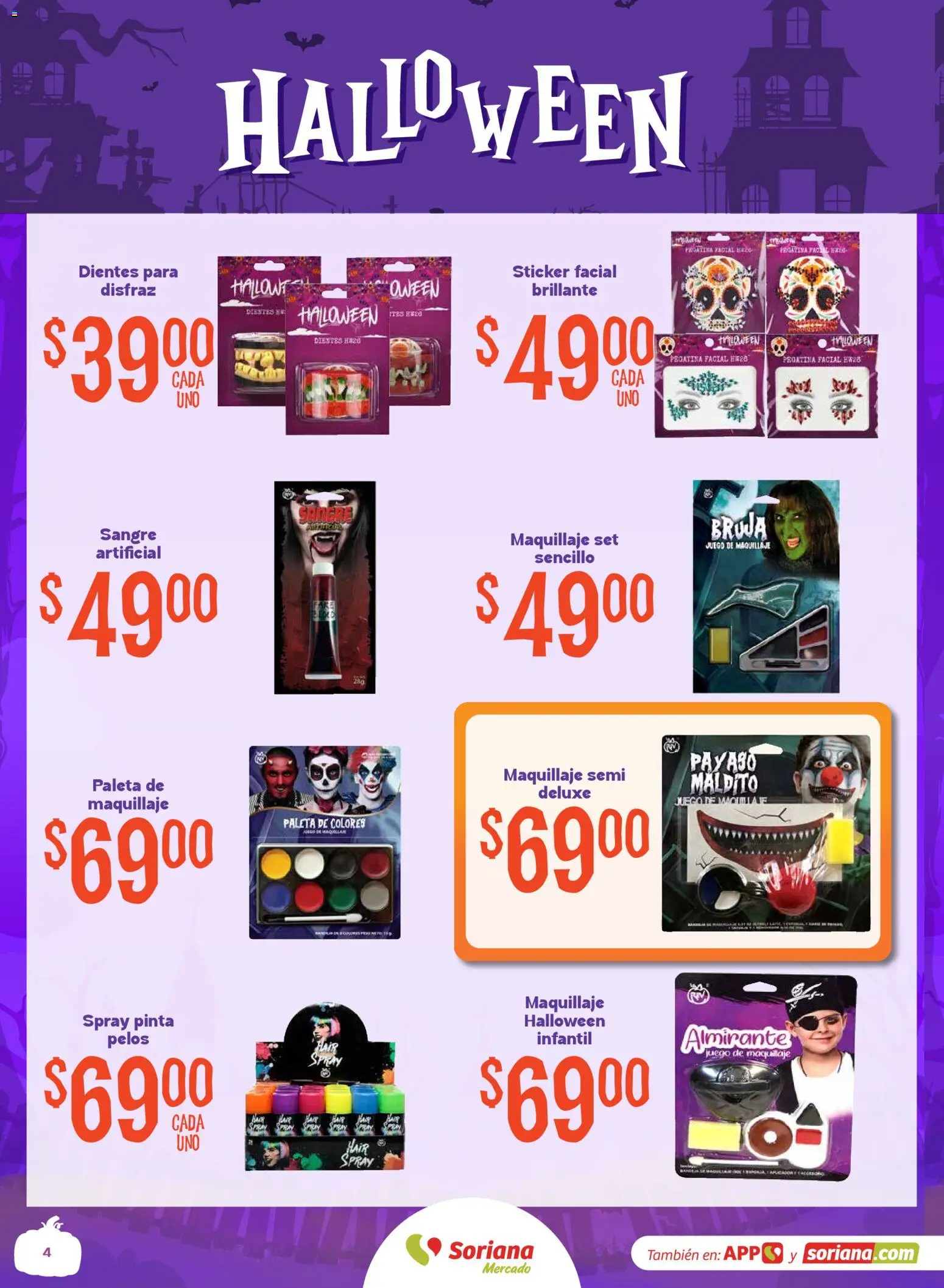 Nuevas ofertas de Soriana válidas en toda la República Mexicana desde el 01/10/2026. ¡Encuentra las mejores ofertas en Soriana Mercado - Halloween y Día de muertos! | Página: 4 | Productos: Paleta, Juego, Maquillaje