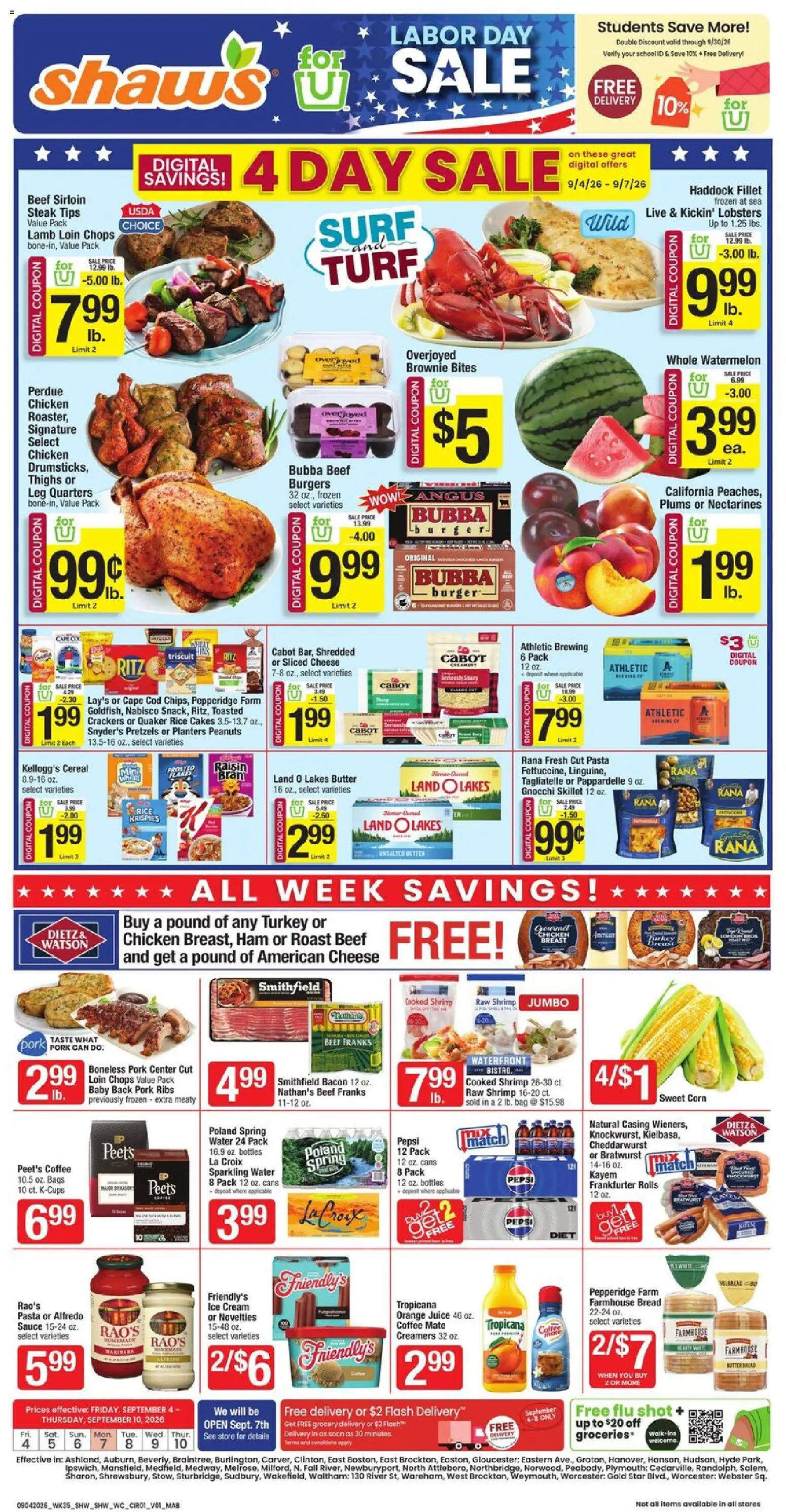 Shaw's Weekly Ad - valid from 09/04/2026 | Page: 1 | Products: Shrimp, Coffee, Juice, Ice