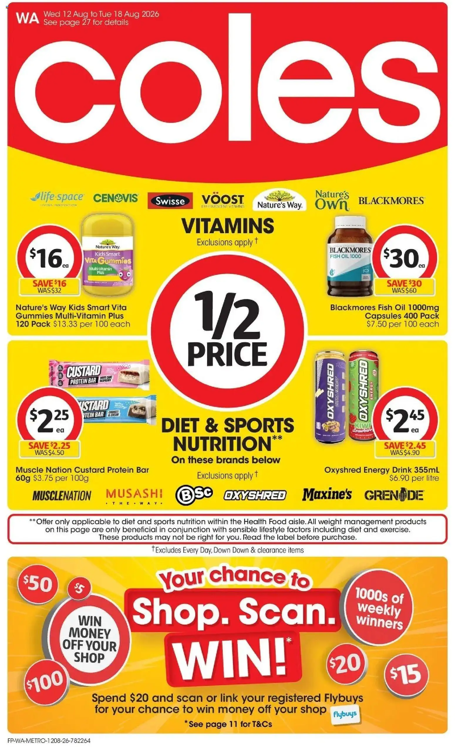 Coles catalogue - valid from 12/08/2026 | Page: 1 | Products: Protein bar, Kiwi, Multivitamin, Weight